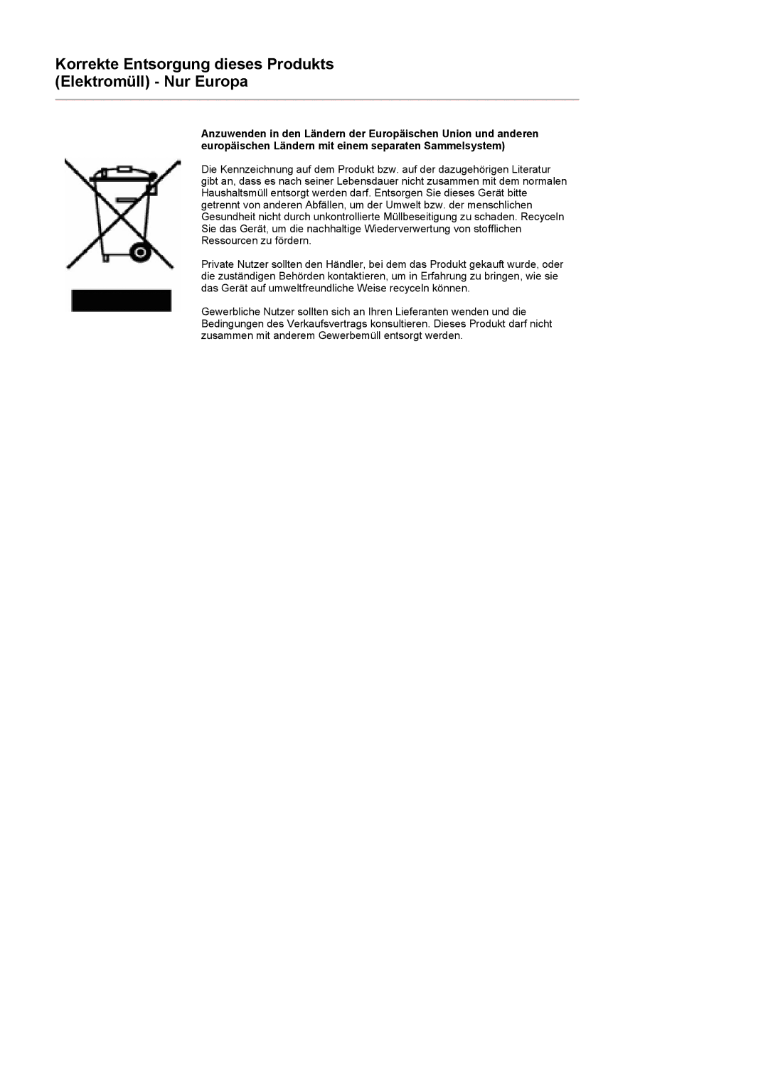 Samsung BE40TSNS/EDC, BE40PSNS/EDC manual Korrekte Entsorgung dieses Produkts Elektromüll Nur Europa 