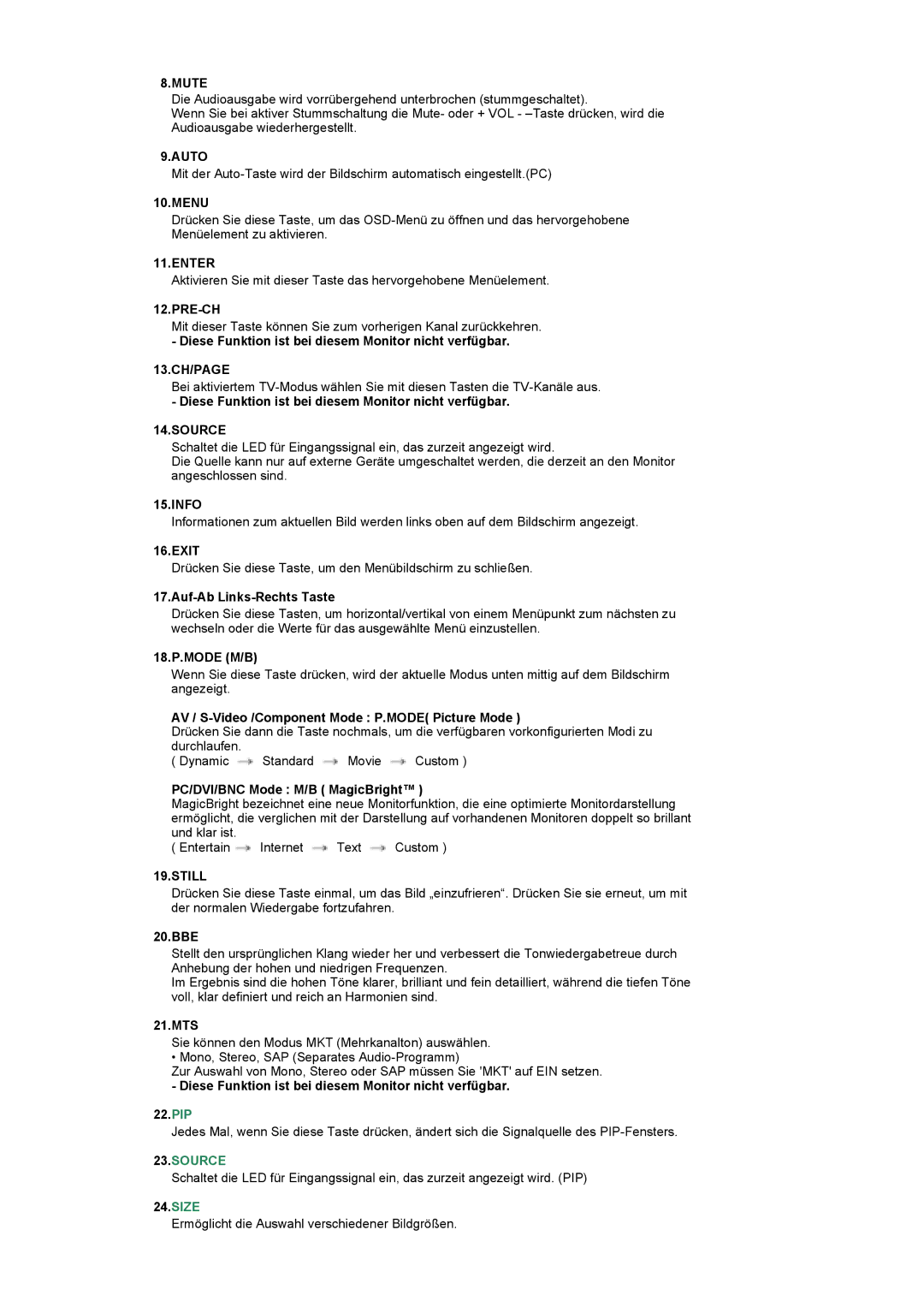 Samsung BE40TSNS/EDC manual Diese Funktion ist bei diesem Monitor nicht verfügbar, Auf-Ab Links-Rechts Taste, 18.P.MODE M/B 