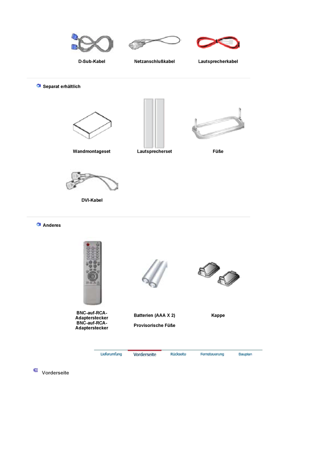 Samsung BE40PSNS/EDC, BE40TSNS/EDC DVI-Kabel Anderes BNC-auf-RCA Batterien AAA X Kappe, BNC-auf-RCA Provisorische Füße 