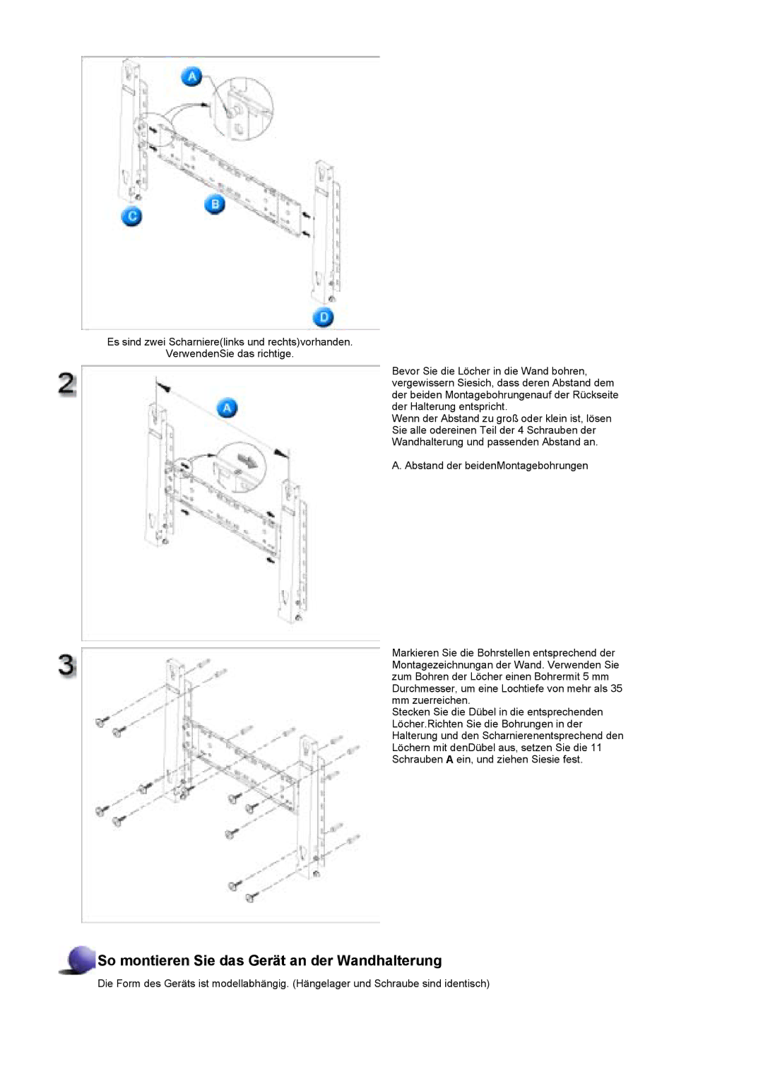 Samsung BE40PSNS/EDC, BE40TSNS/EDC manual So montieren Sie das Gerät an der Wandhalterung 