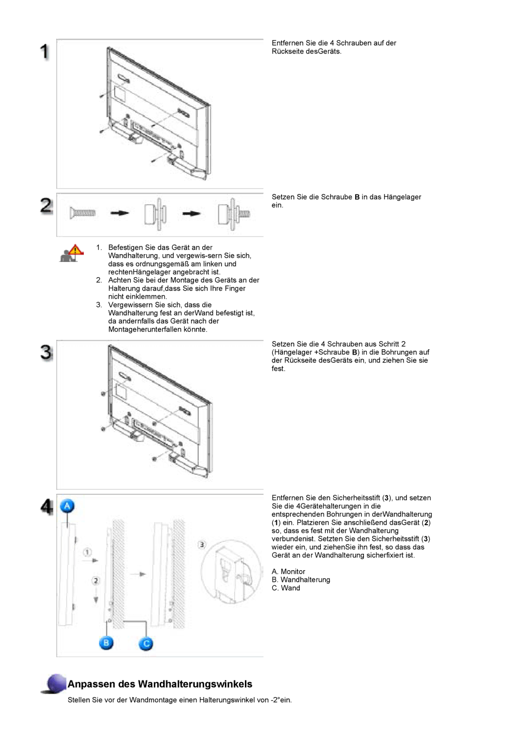 Samsung BE40TSNS/EDC, BE40PSNS/EDC manual Anpassen des Wandhalterungswinkels 