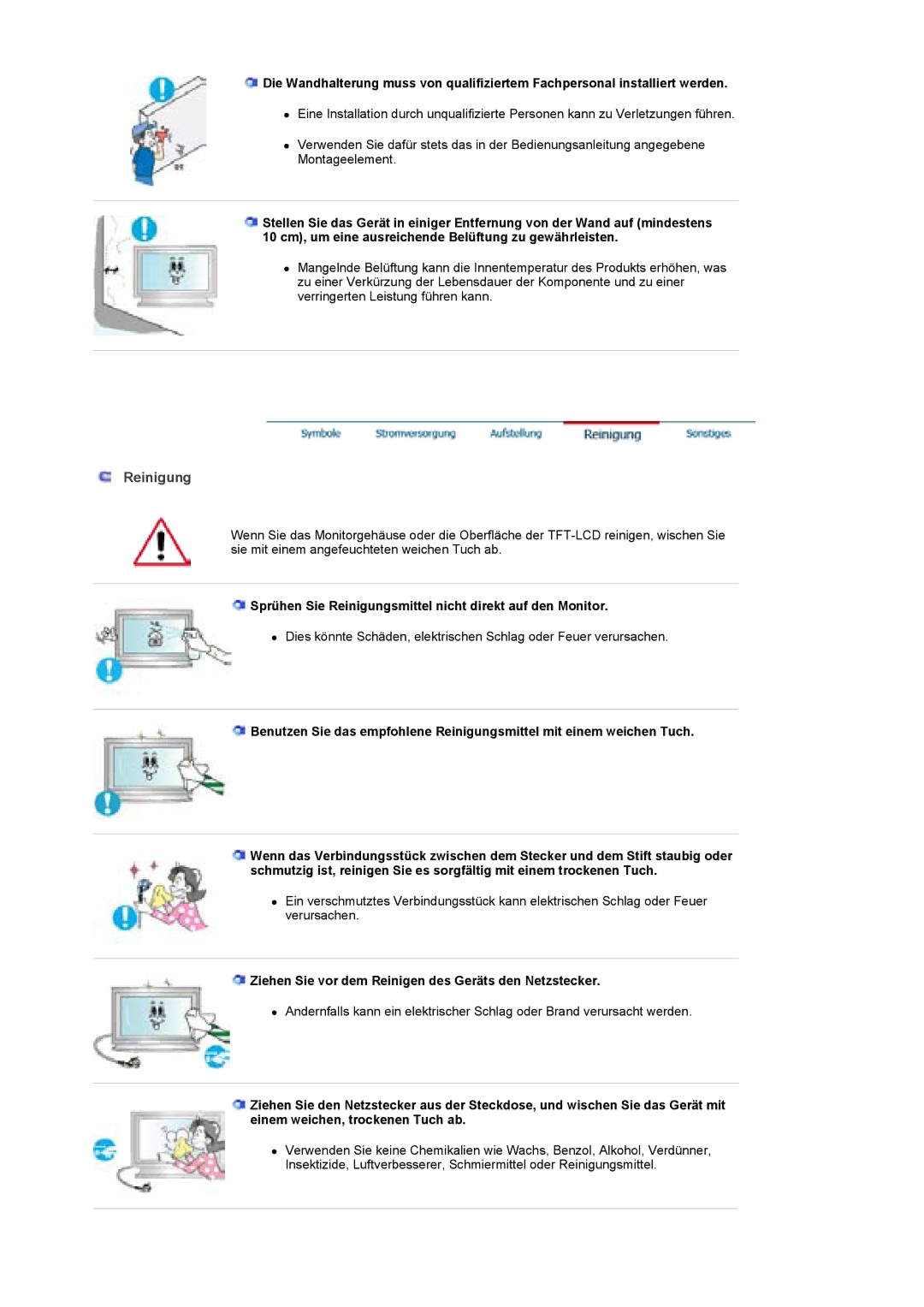 Samsung BE40TSNS/EDC, BE40PSNS/EDC manual Sprühen Sie Reinigungsmittel nicht direkt auf den Monitor 