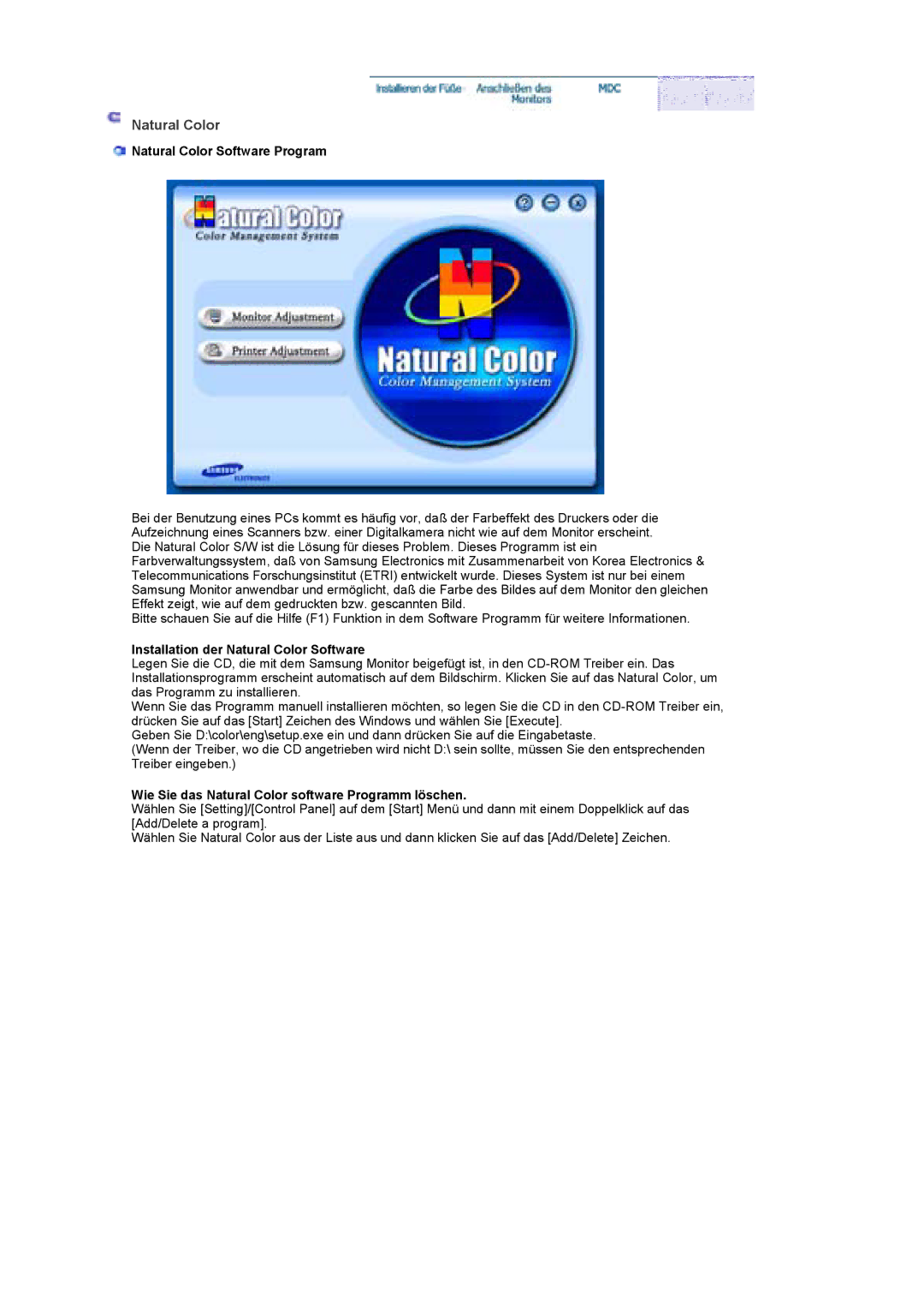 Samsung BE40TSNS/EDC, BE40PSNS/EDC manual Natural Color Software Program, Installation der Natural Color Software 