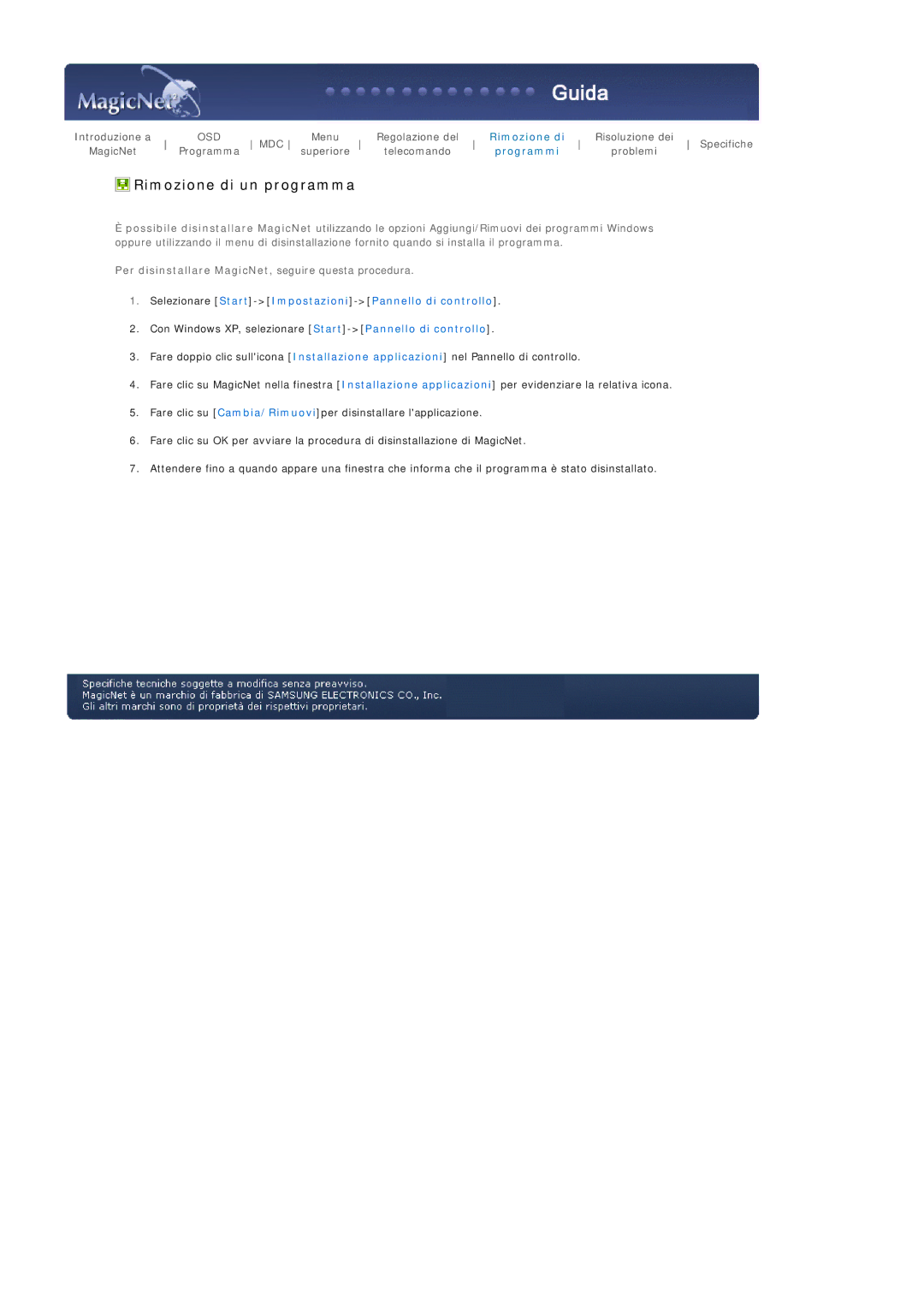 Samsung BE40TSNS/EDC, BE40PSNS/EDC manual Rimozione di un programma, Per disinstallare MagicNet, seguire questa procedura 