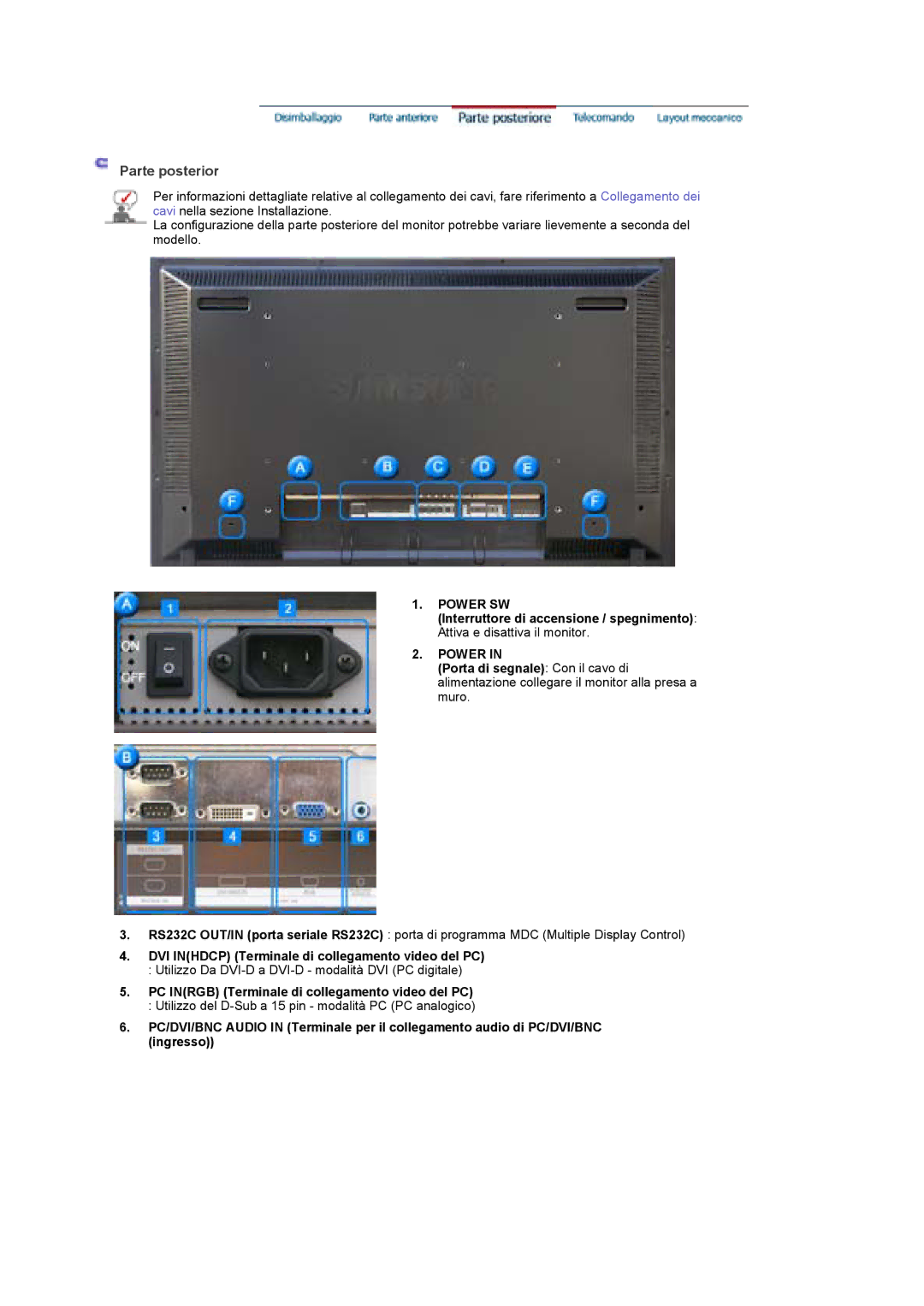 Samsung BE40TSNS/EDC, BE40PSNS/EDC manual Parte posterior, DVI Inhdcp Terminale di collegamento video del PC 