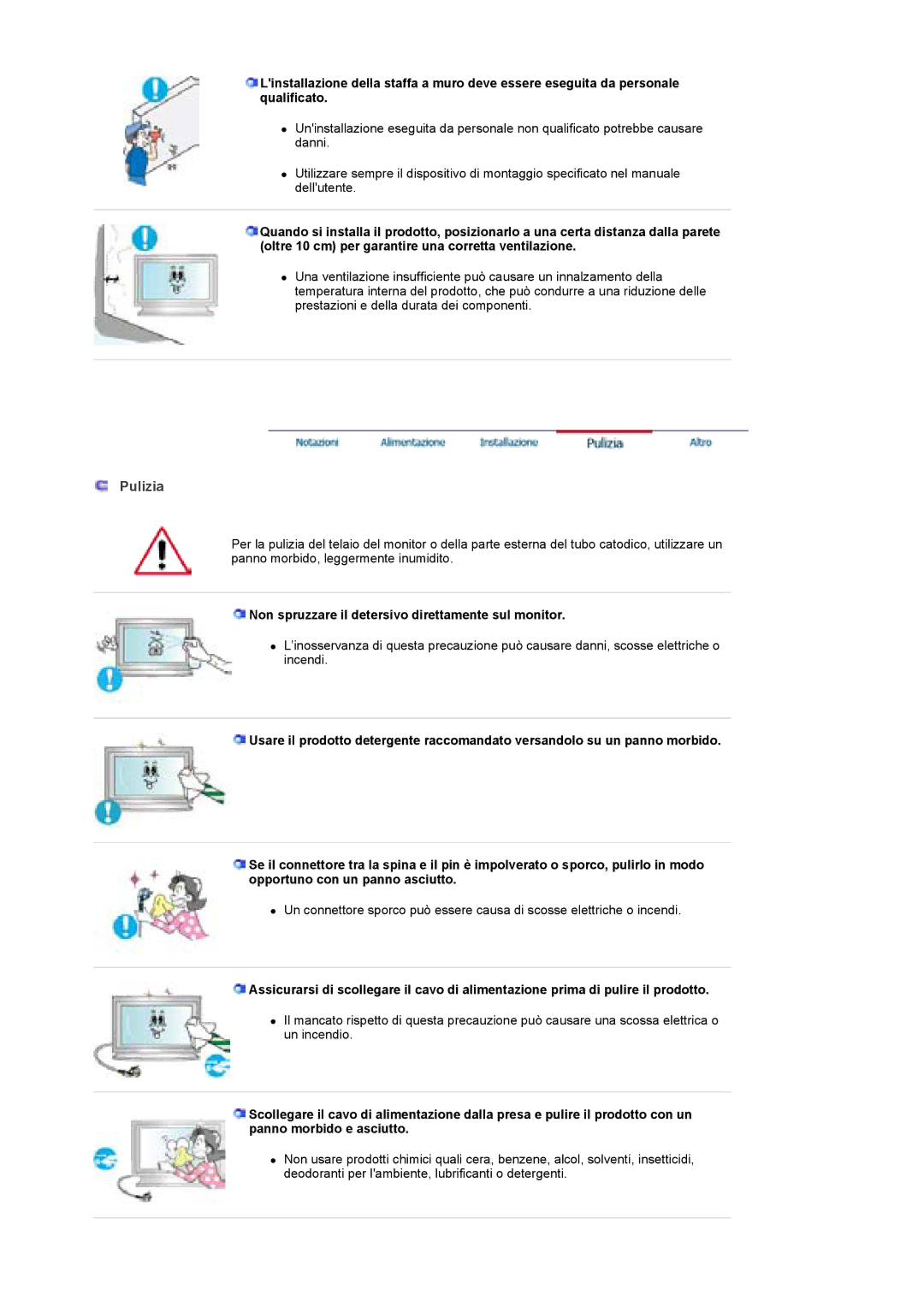 Samsung BE40TSNS/EDC, BE40PSNS/EDC manual Pulizia, Non spruzzare il detersivo direttamente sul monitor 