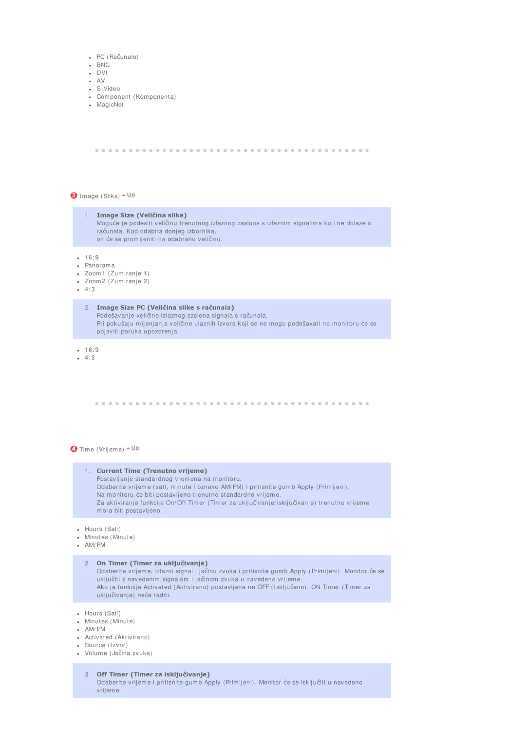 Samsung BE40TSNS/EDC manual Image Size Veliþina slike, On Timer Timer za ukljuþivanje, Off Timer Timer za iskljuþivanje 