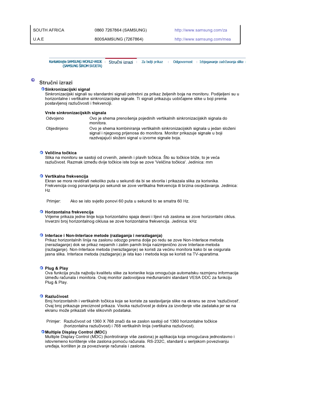 Samsung BE40PSNS/EDC Sinkronizacijski signal, Vrste sinkronizacijskih signala, Veličina točkica, Vertikalna frekvencija 