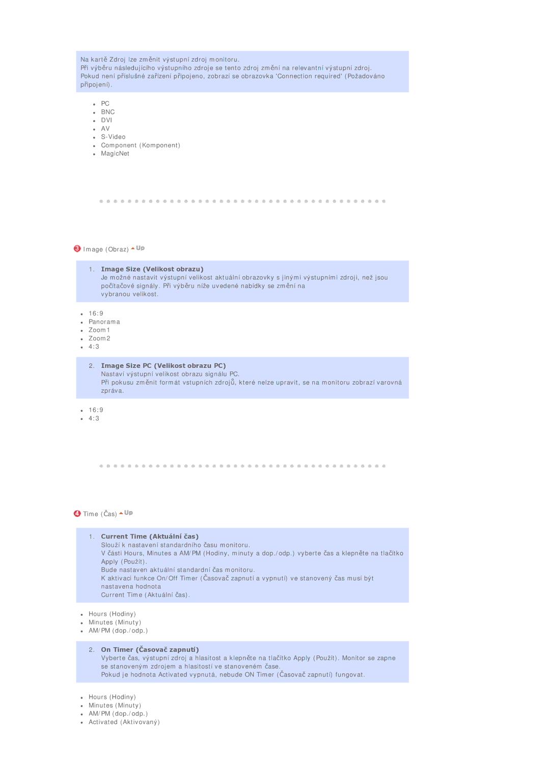 Samsung BE40PSNS/EDC manual Image Size Velikost obrazu, Current Time Aktuální þas, On Timer ýasovaþ zapnutí 