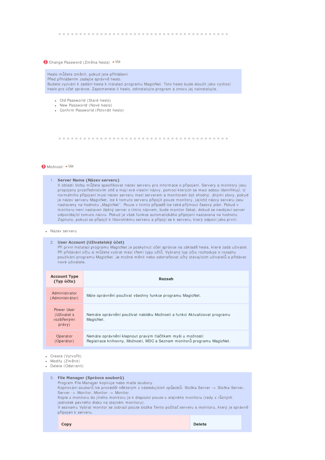 Samsung BE40PSNS/EDC manual Server Name Název serveru, User Account Uživatelský úþet, File Manager Správce souborĤ 