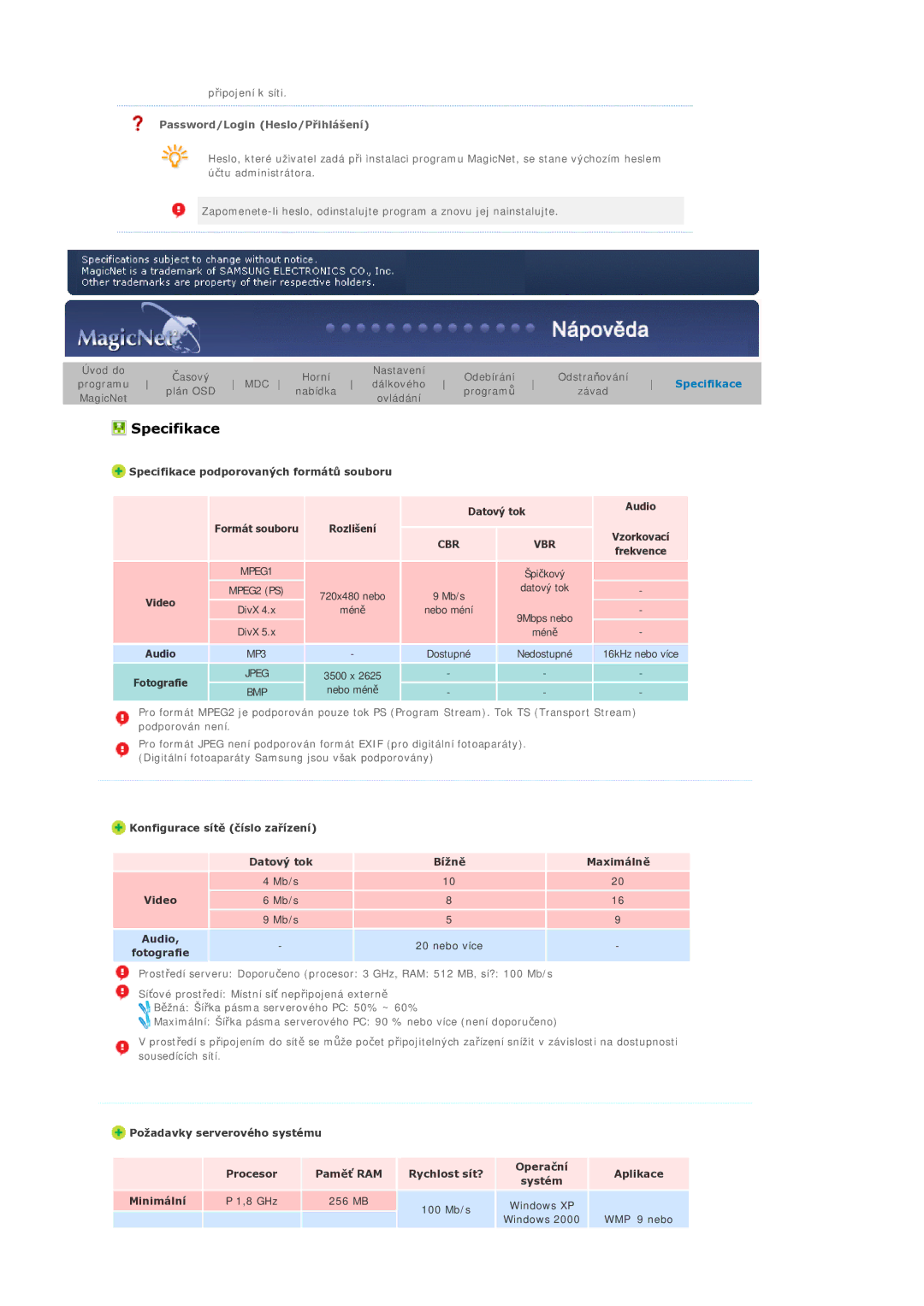 Samsung BE40PSNS/EDC manual Specifikace, Password/Login Heslo/PĜihlášení 