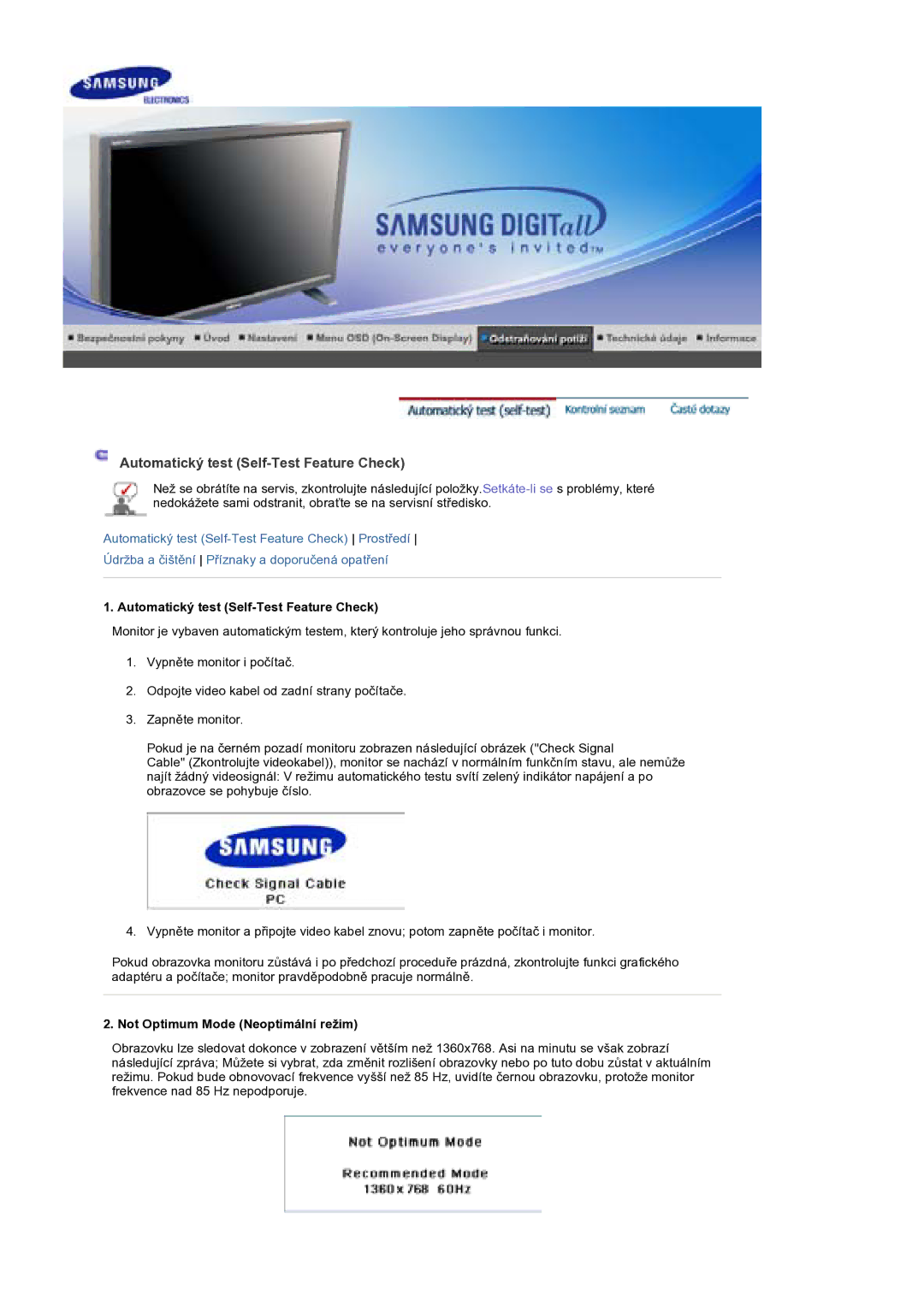 Samsung BE40PSNS/EDC manual Automatický test Self-Test Feature Check, Not Optimum Mode Neoptimální režim 