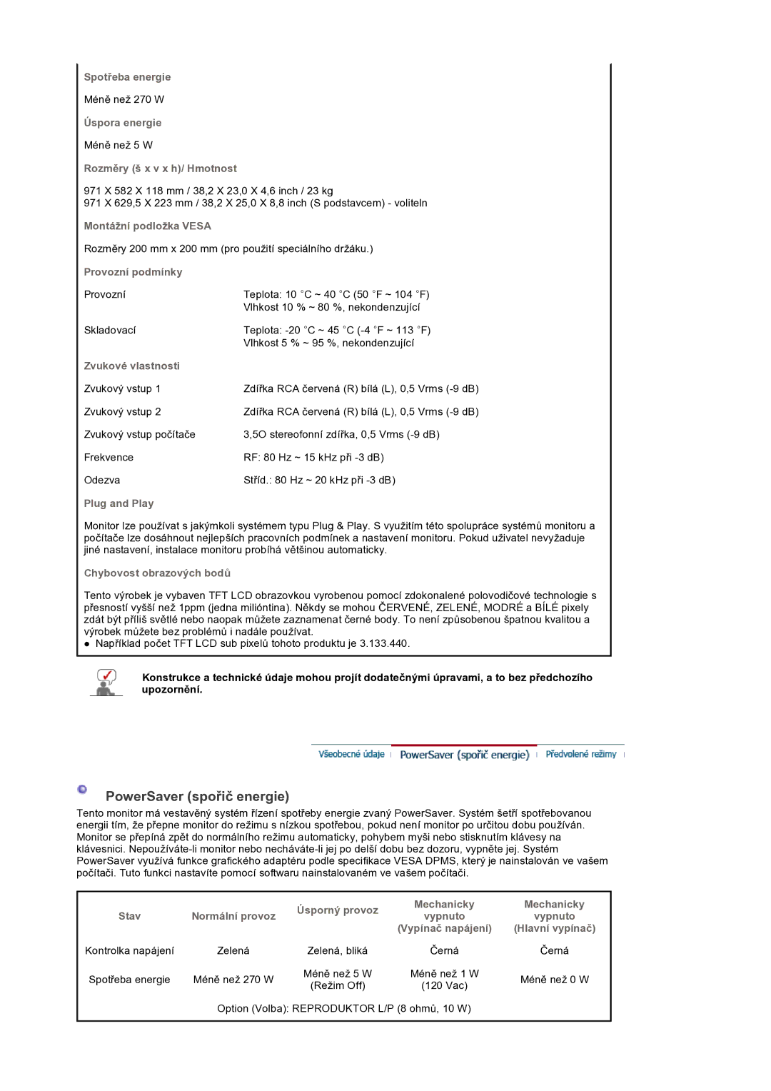 Samsung BE40PSNS/EDC manual Mechanicky Vypnuto Hlavní vypínač 