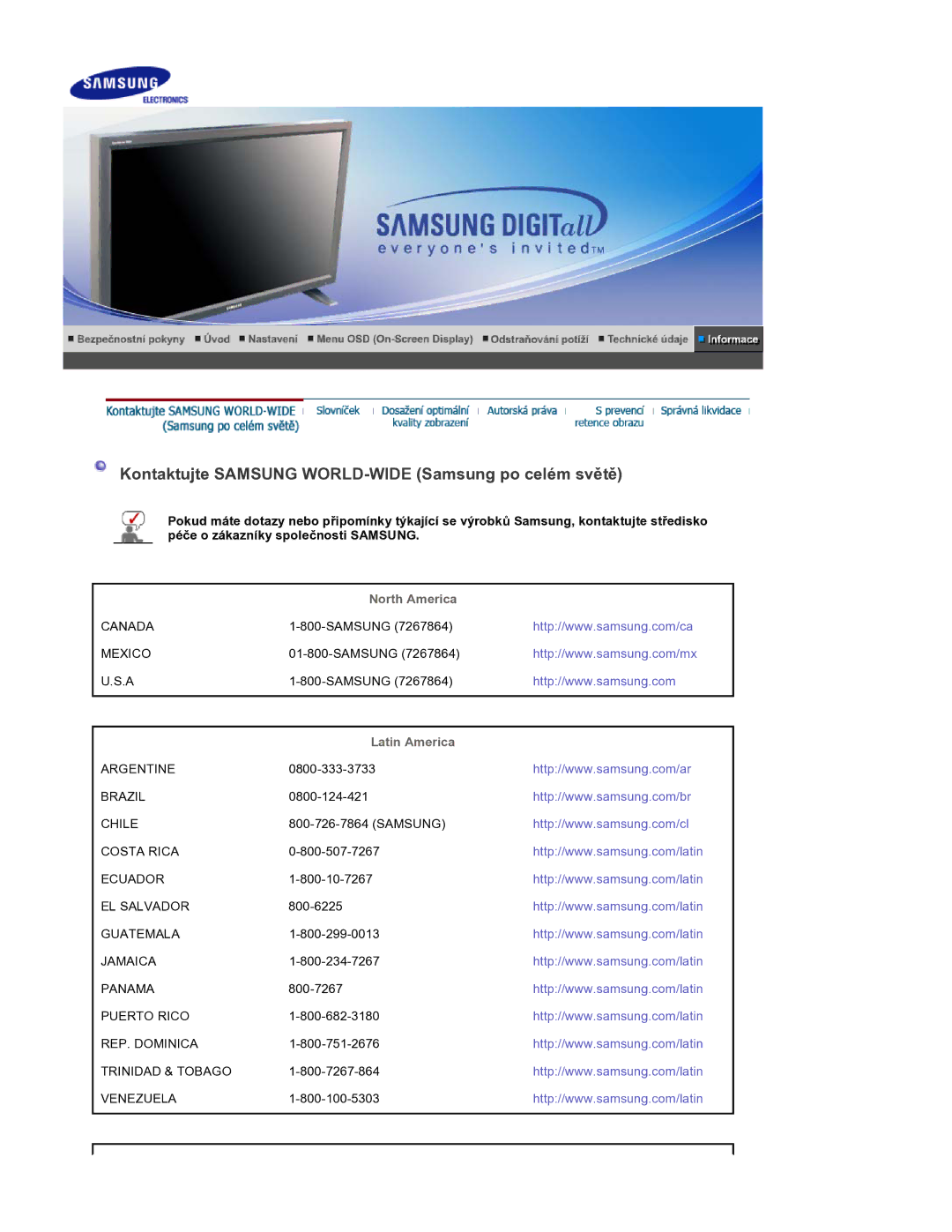 Samsung BE40PSNS/EDC manual Kontaktujte Samsung WORLD-WIDE Samsung po celém světě 