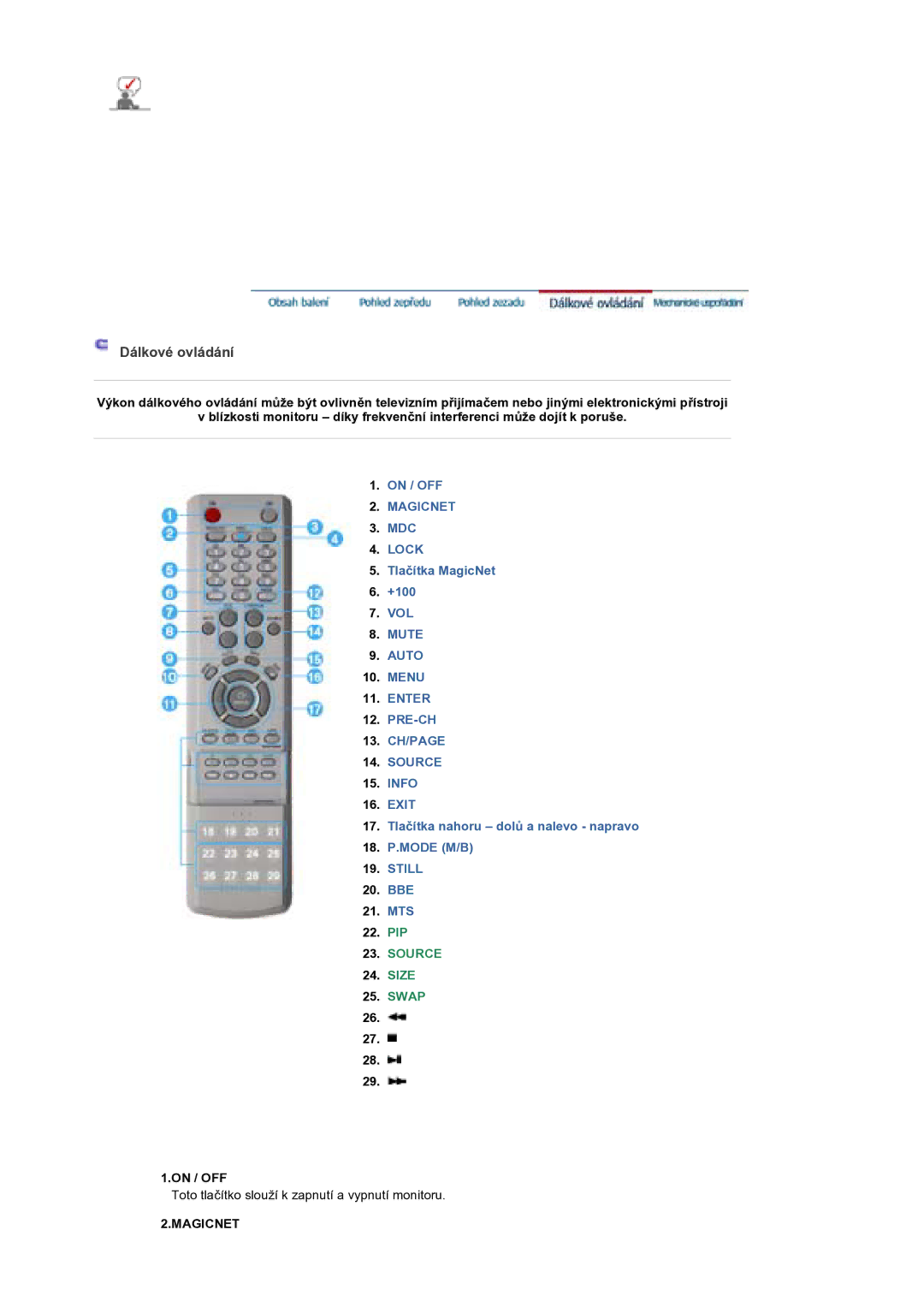 Samsung BE40PSNS/EDC manual Dálkové ovládání 