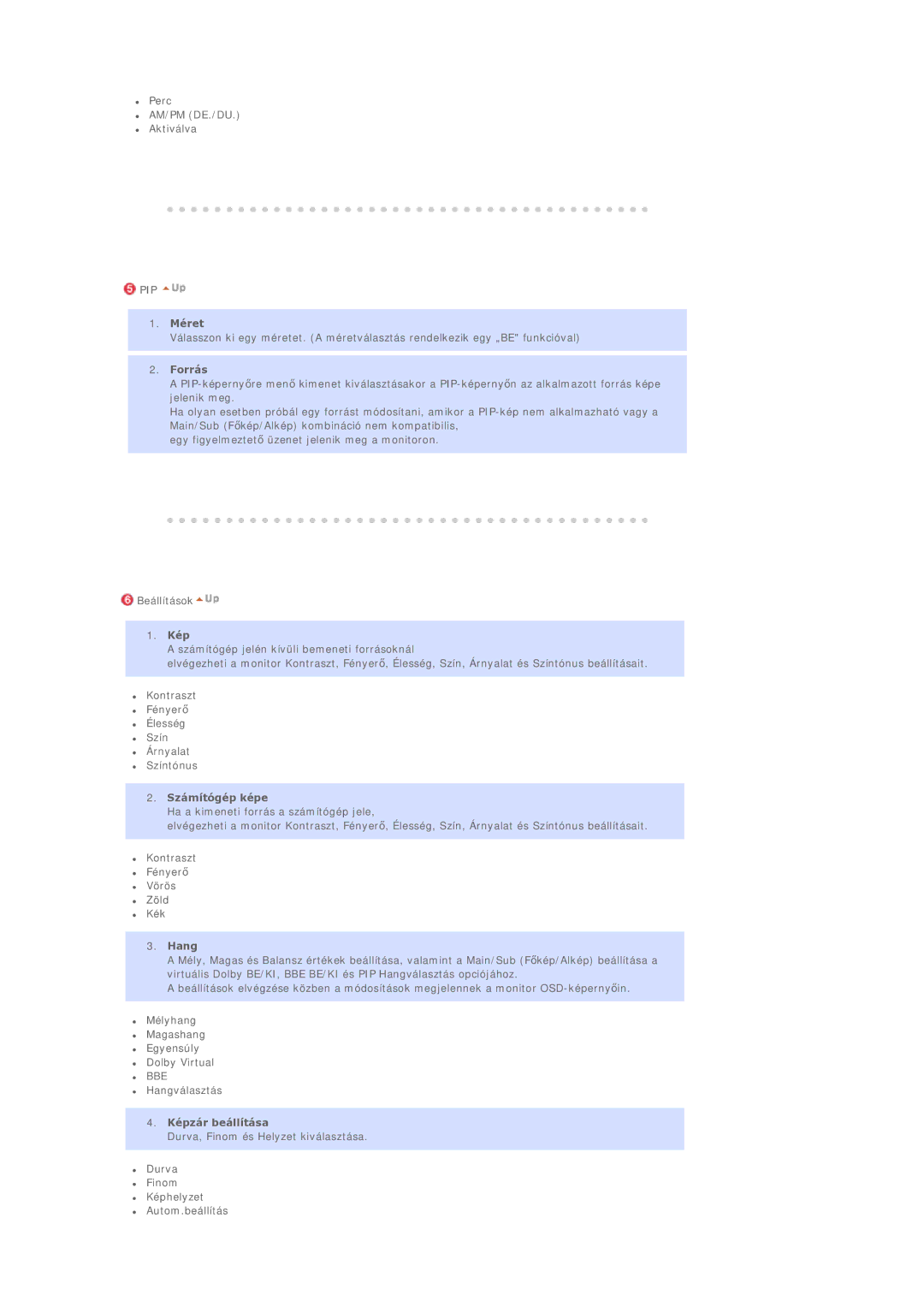 Samsung BE40PSNS/EDC manual Méret, Forrás, Számítógép képe, Hang, Képzár beállítása 