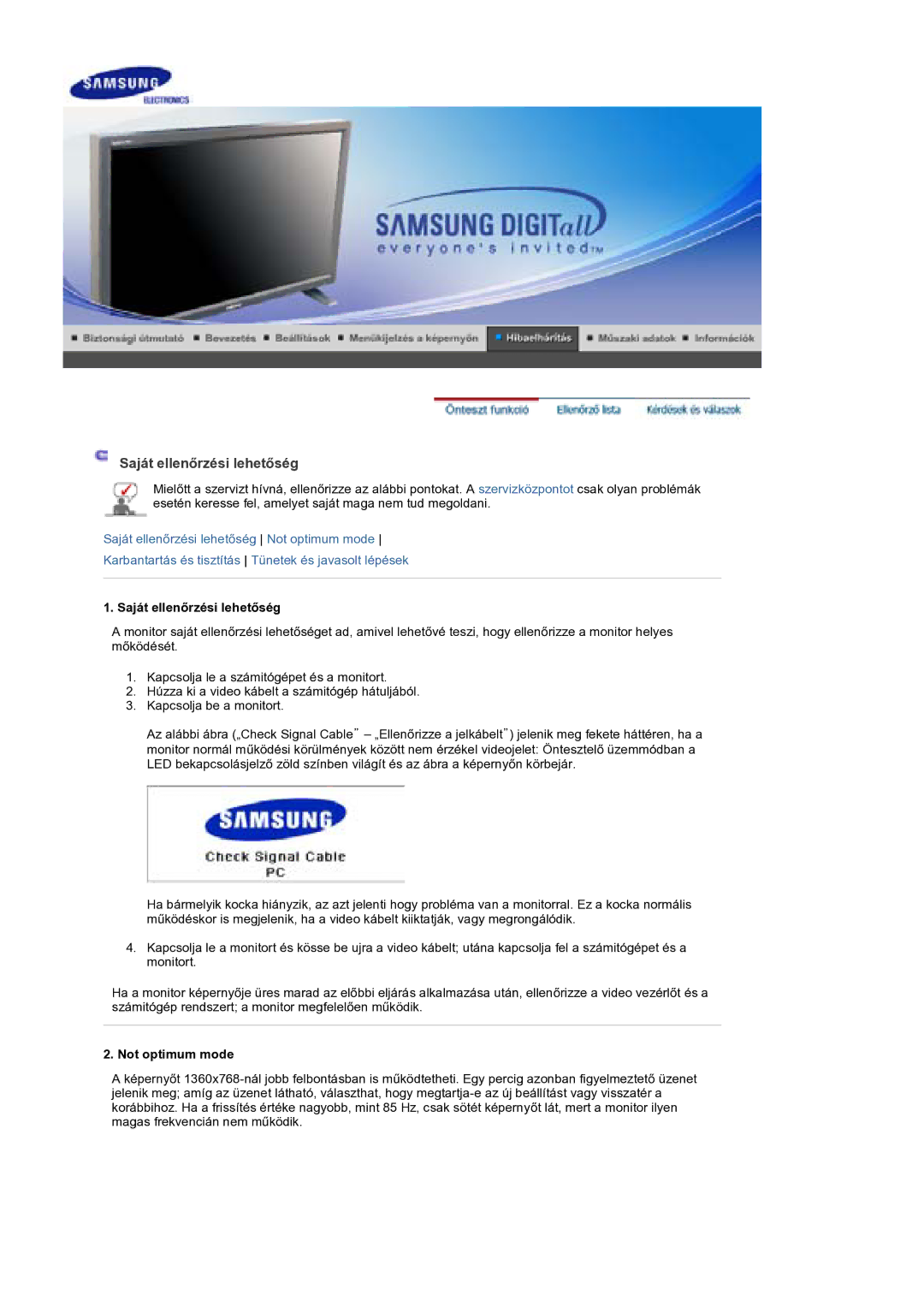 Samsung BE40PSNS/EDC manual Saját ellenĘrzési lehetĘség, Not optimum mode 