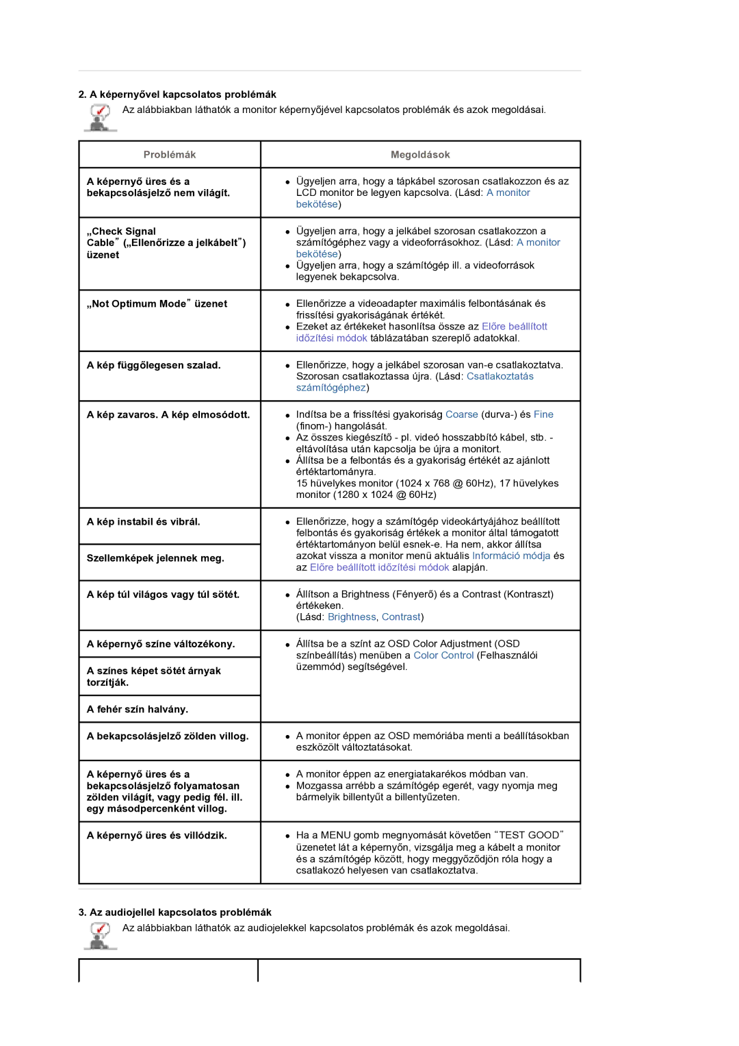 Samsung BE40PSNS/EDC manual KépernyĘvel kapcsolatos problémák, Az audiojellel kapcsolatos problémák 