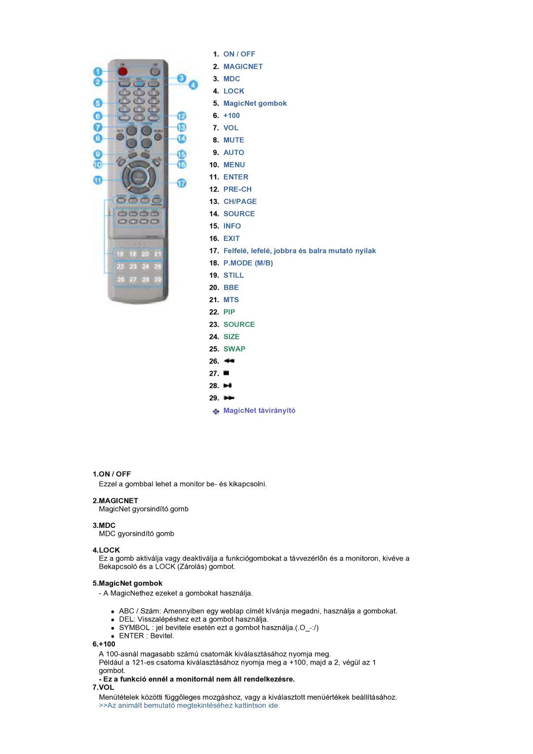 Samsung BE40PSNS/EDC manual On / OFF, MagicNet gombok, +100, Ez a funkció ennél a monitornál nem áll rendelkezésre .VOL 