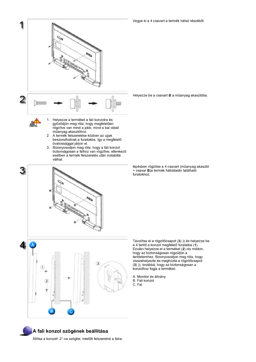 Samsung BE40PSNS/EDC manual Fali konzol szögének beállítása 