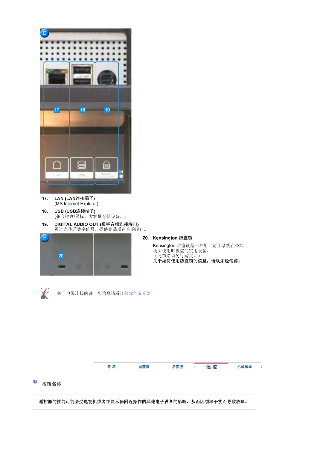 Samsung BE40PSNS/EDC manual LAN LAN连接端子 MS Internet Explorer USB USB连接端子 