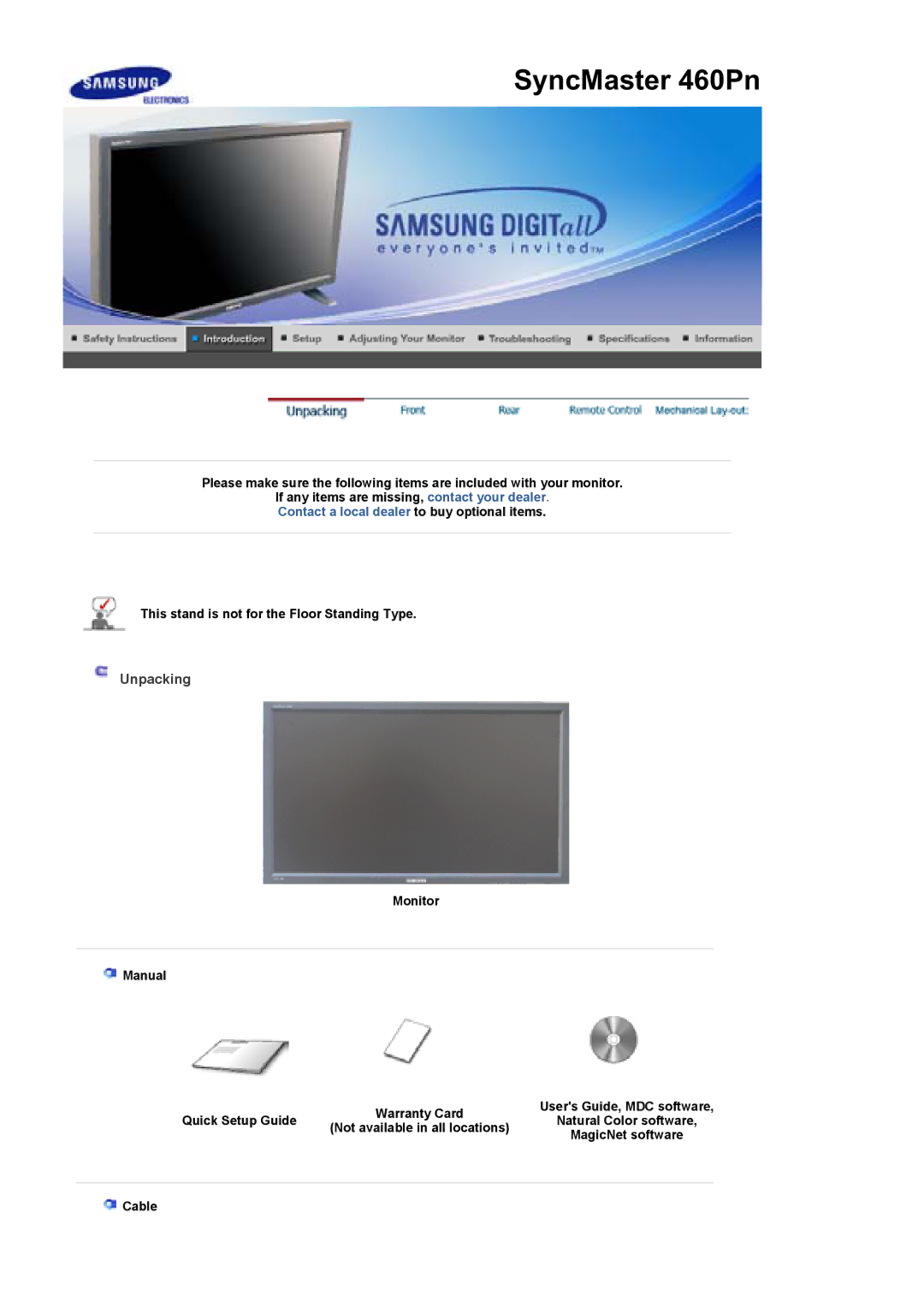 Samsung LS46BEPNB/XSH Unpacking, This stand is not for the Floor Standing Type, Monitor Manual Quick Setup Guide, Cable 