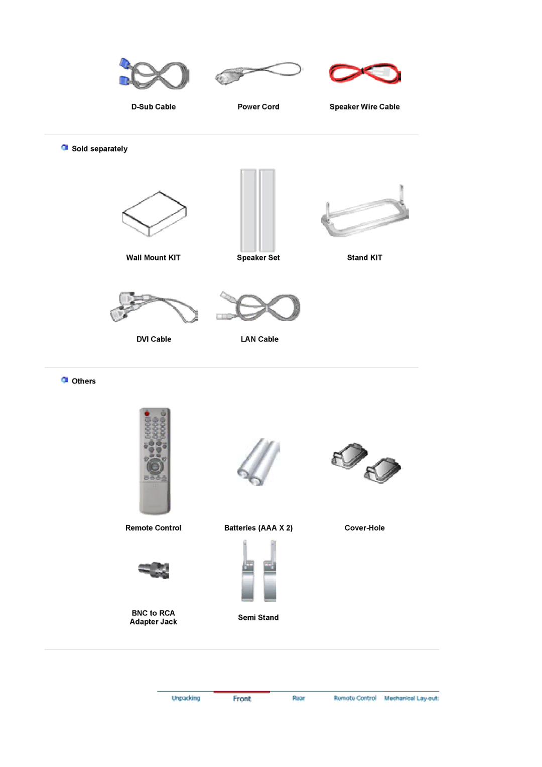 Samsung LS46BEPNB/XSG, BE46PSNB/EDC, LS46BETNSF/XSJ, LS46BEPNB/XSJ, LS46BETNS/XSJ Sub Cable Power Cord, BNC to RCA Semi Stand 