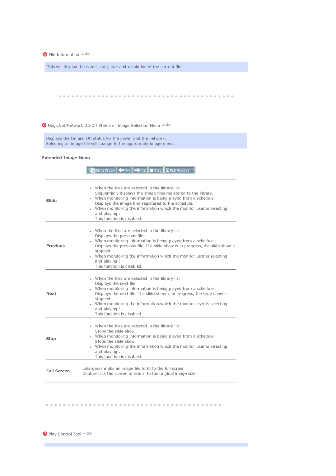 Samsung LS46BEPNB/XSH, BE46PSNB/EDC, LS46BETNSF/XSJ manual Extended Image Menu, Slide, Previous, Next, Stop, Full Screen 