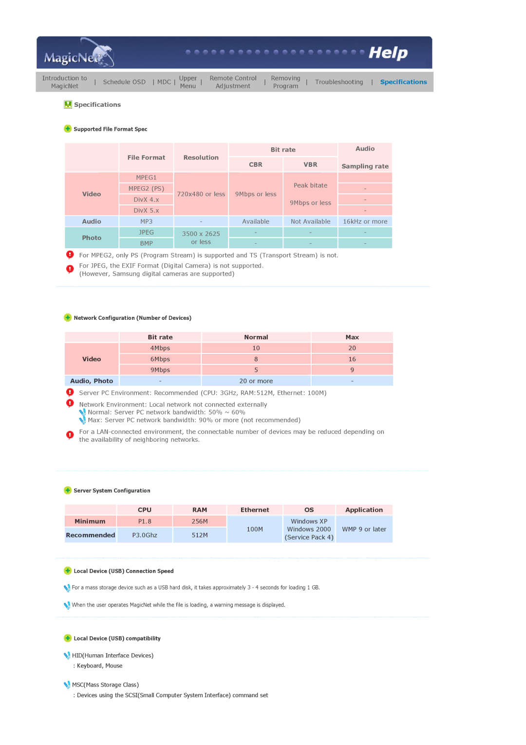 Samsung LS46BETNB/XSJ, BE46PSNB/EDC Specifications, Bit rate Audio File Format Resolution, Sampling rate, Video, Photo 