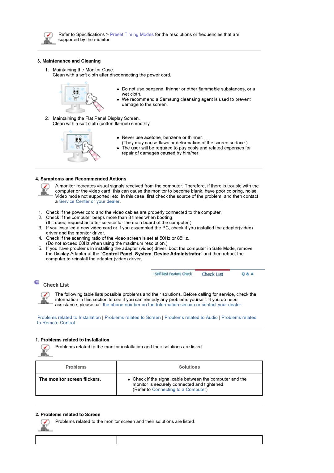 Samsung BE46PSNS/EDC Check List, Maintenance and Cleaning, Symptoms and Recommended Actions, Problems related to Screen 