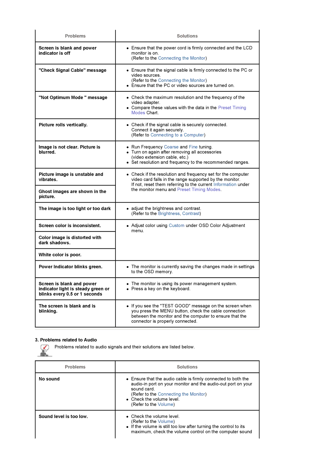 Samsung LS46BEPNS/SAI manual Screen is blank and is blinking, Problems related to Audio, No sound, Sound level is too low 