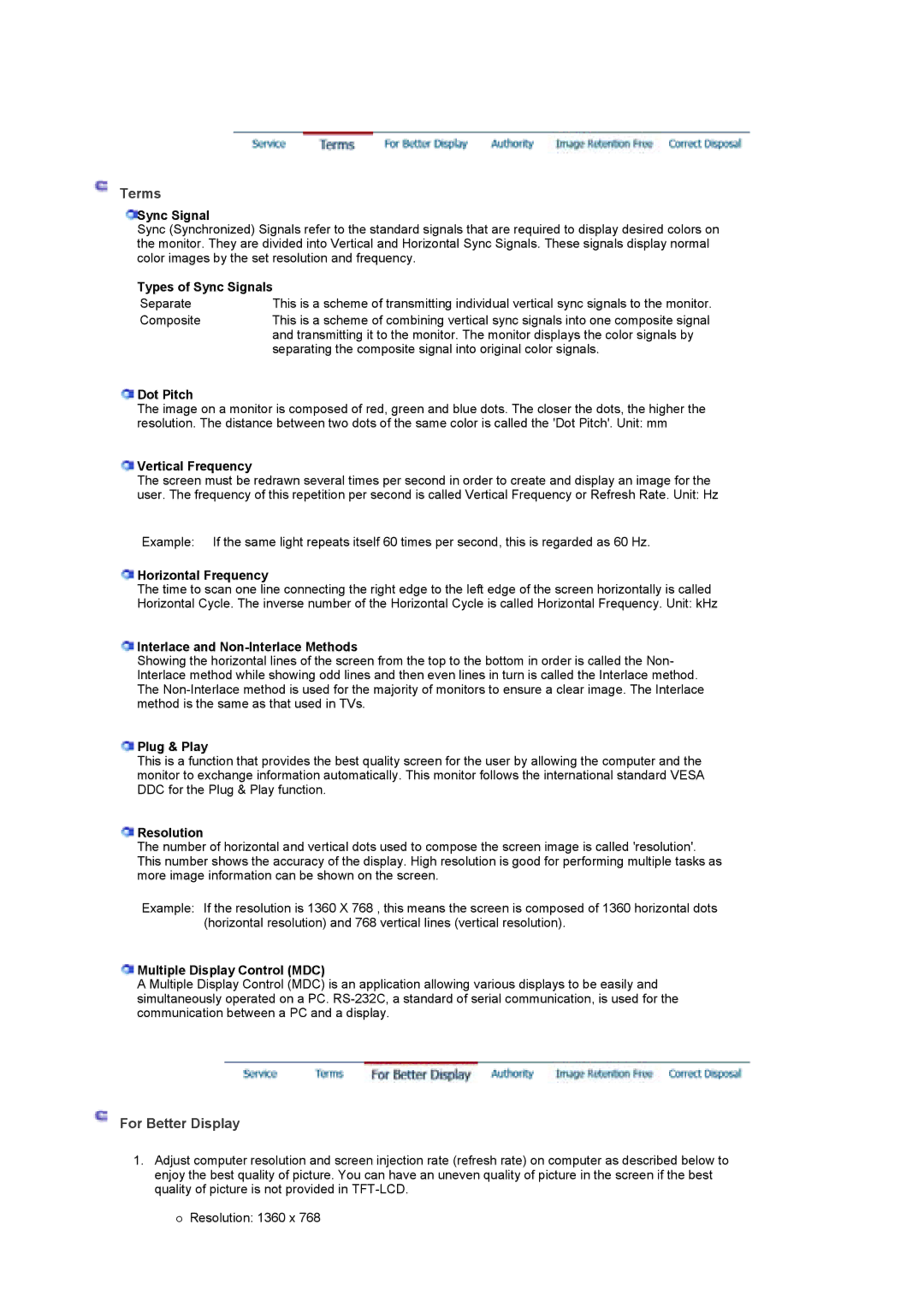 Samsung BE46PSNS/EDC, BE46PSNB/EDC, LS46BETNSF/XSJ, LS46BEPNB/XSJ, LS46BETNS/XSJ, LS46BETNB/XSJ manual Terms, For Better Display 