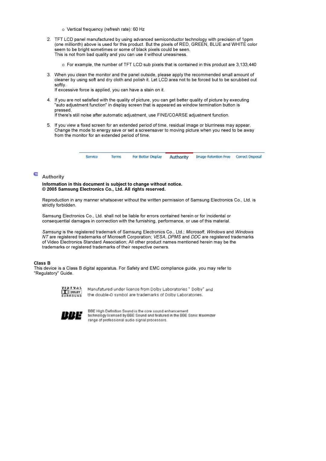 Samsung LS46BEPNS/SAI, BE46PSNB/EDC, LS46BETNSF/XSJ, LS46BEPNB/XSJ, LS46BETNS/XSJ, LS46BETNB/XSJ manual Authority, Class B 