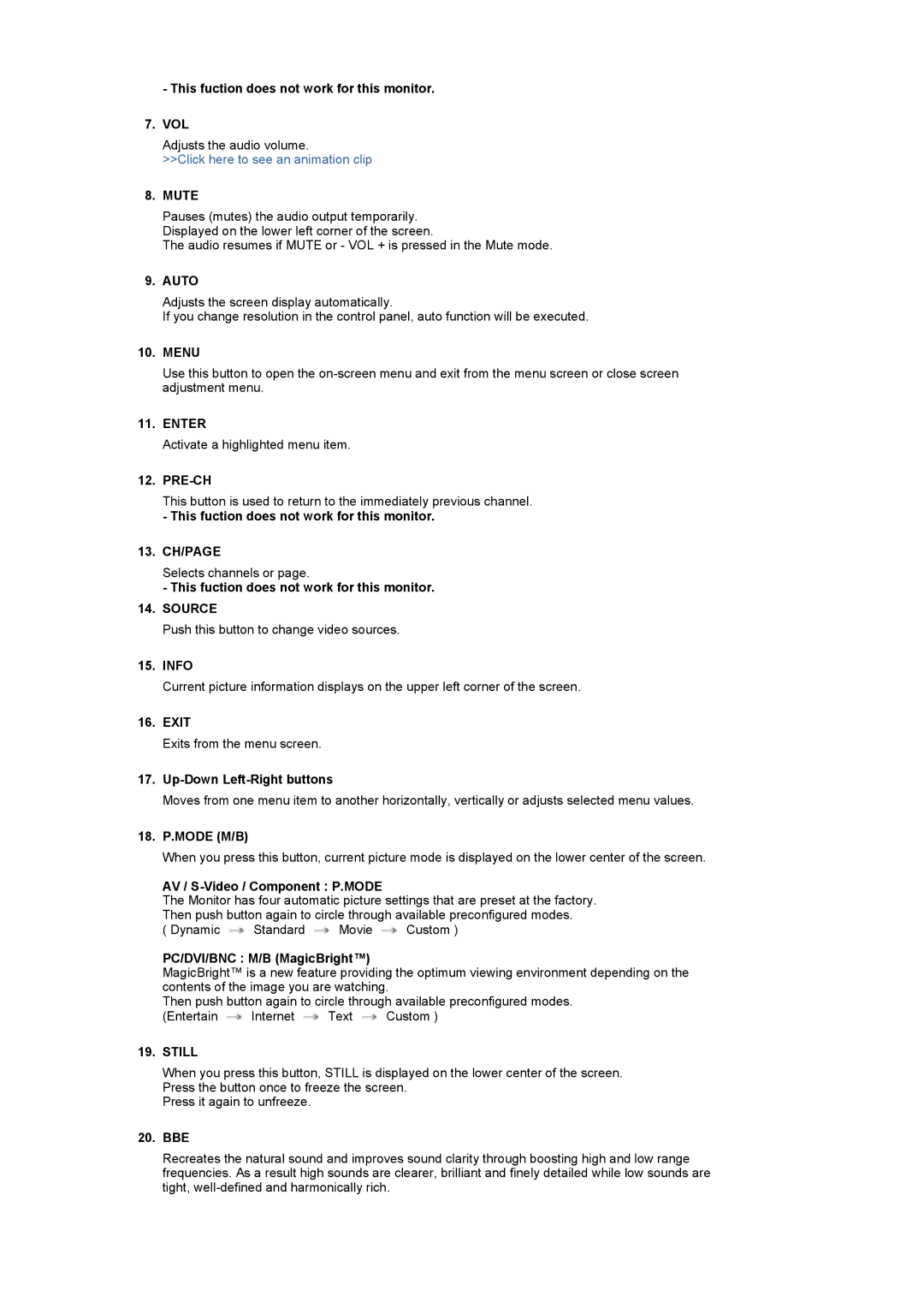 Samsung LS46BETNB/XSJ manual This fuction does not work for this monitor VOL, Menu, Pre-Ch, Info, Exit, 18. P.MODE M/B, Bbe 