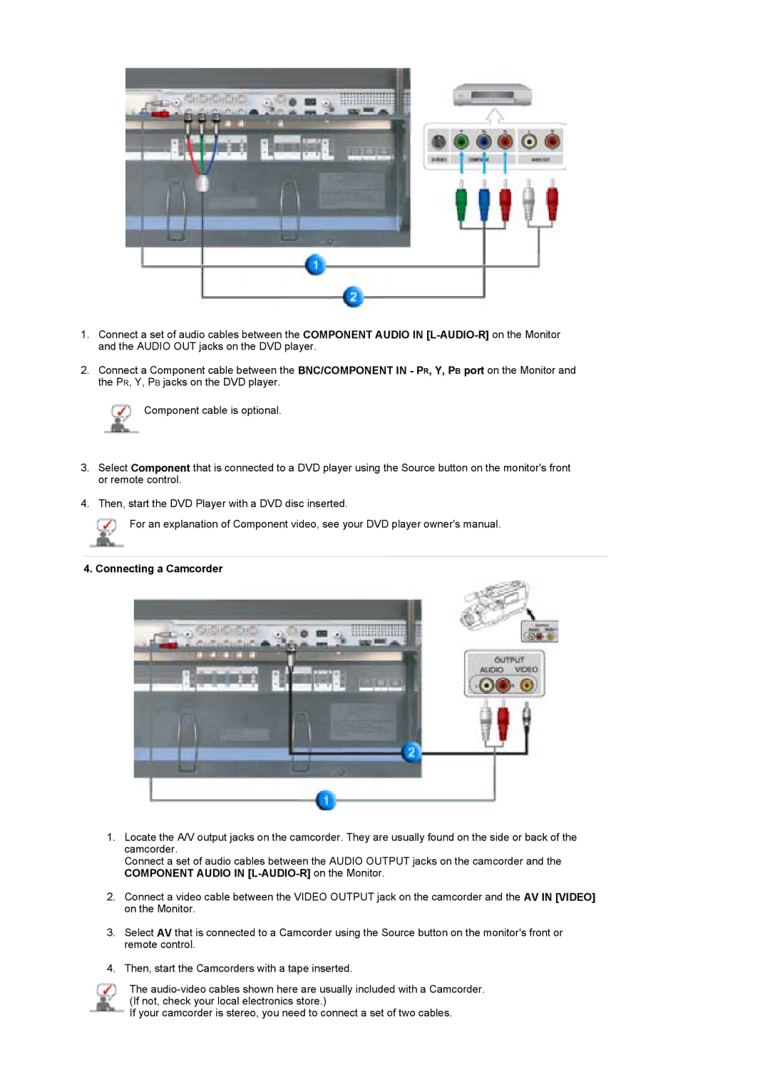 Samsung LS46BETNS/XSJ, BE46PSNB/EDC, LS46BETNSF/XSJ, LS46BEPNB/XSJ, LS46BETNB/XSJ, BE46TSNS/EDC manual Connecting a Camcorder 