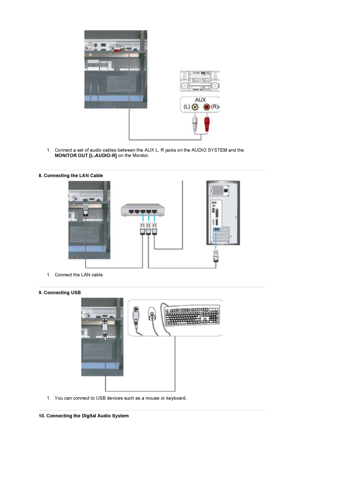 Samsung BE46TSNS/EDC, BE46PSNB/EDC manual Connecting the LAN Cable, Connecting USB, Connecting the Digital Audio System 