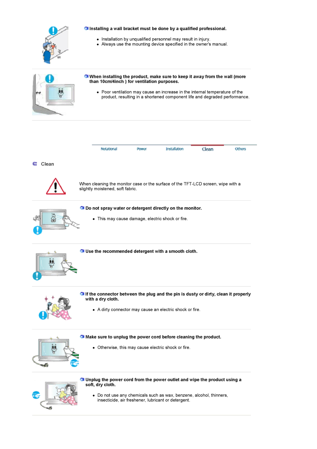 Samsung BE46TSNS/EDC, BE46PSNB/EDC, LS46BETNSF/XSJ manual Clean, Do not spray water or detergent directly on the monitor 