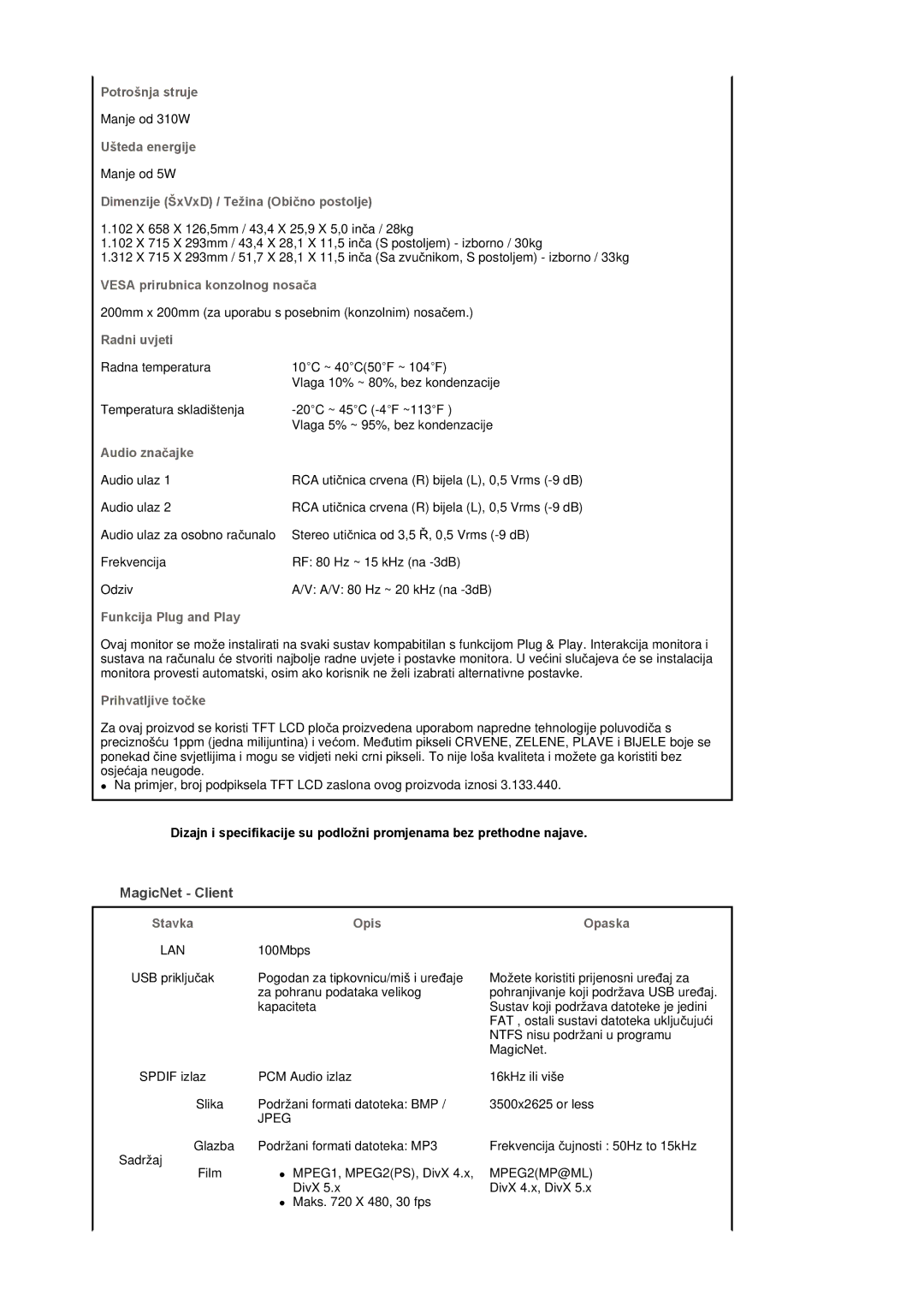 Samsung BE46TSNS/EDC manual MagicNet Client, Dimenzije ŠxVxD / Težina Obiþno postolje 