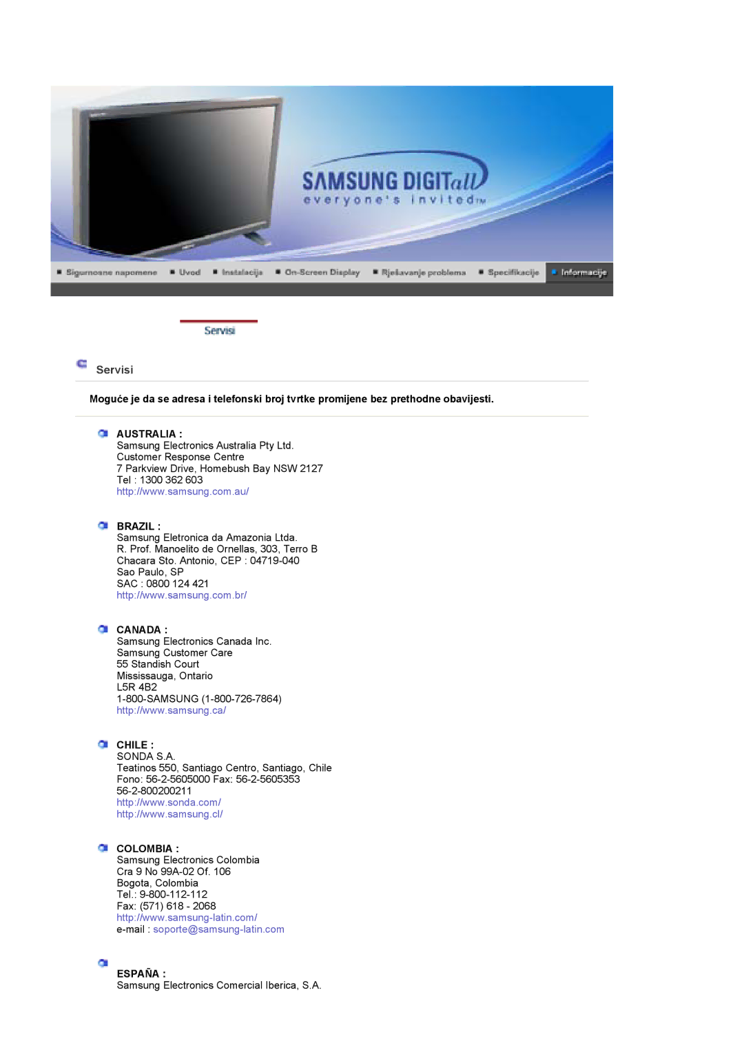 Samsung BE46TSNS/EDC manual Servisi, Australia Brazil 