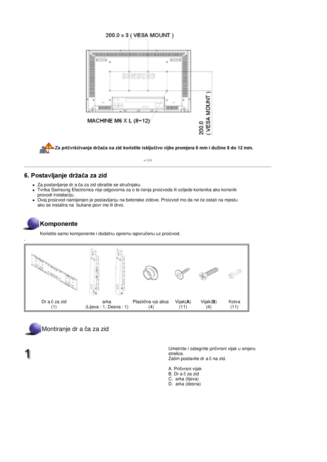 Samsung BE46TSNS/EDC manual Postavljanje držaþa za zid 