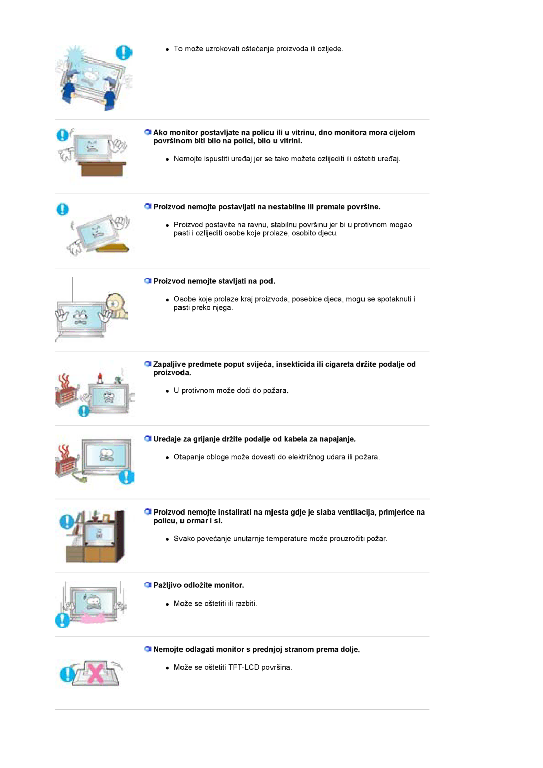 Samsung BE46TSNS/EDC manual Proizvod nemojte stavljati na pod, Ureÿaje za grijanje držite podalje od kabela za napajanje 