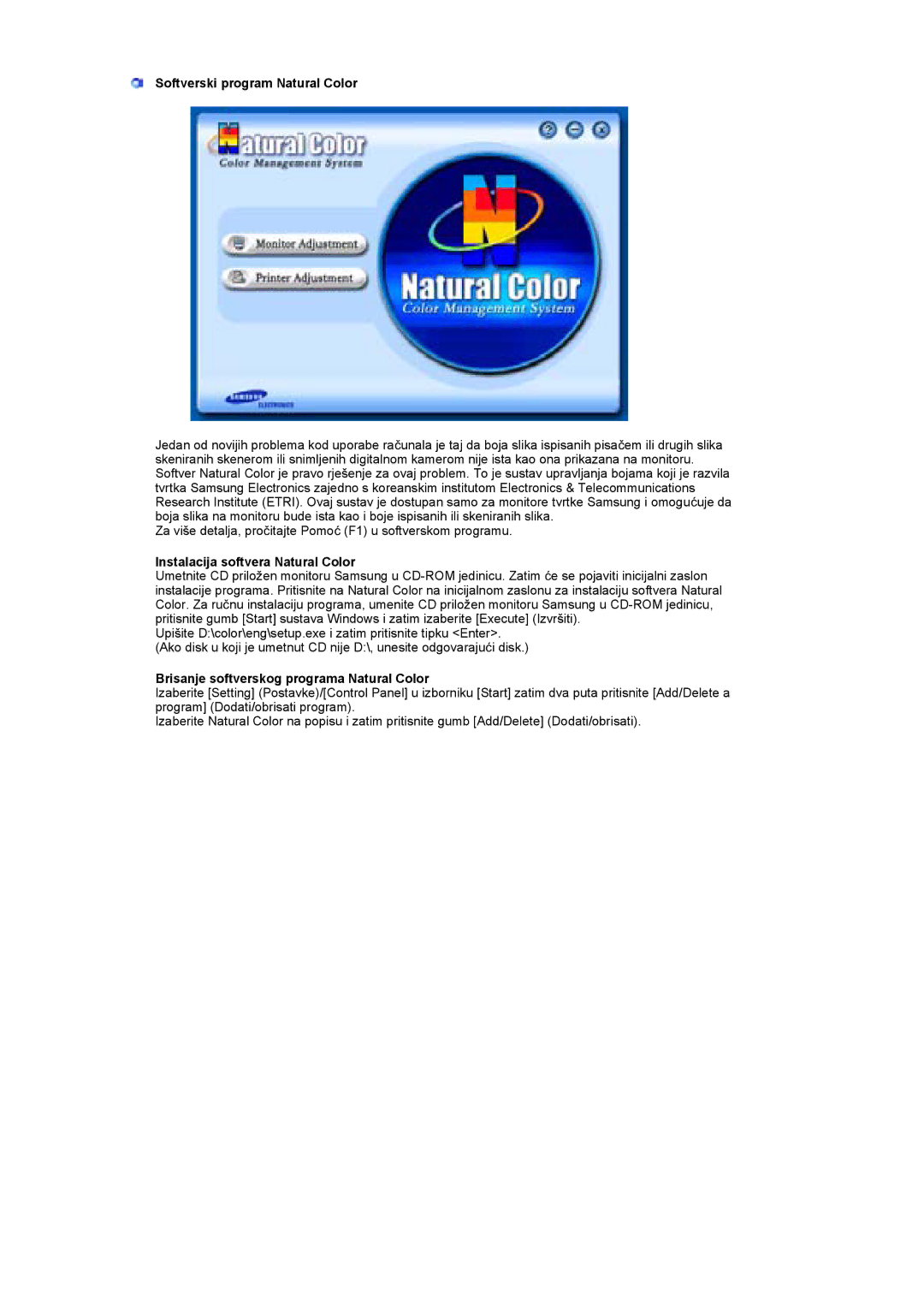 Samsung BE46TSNS/EDC manual Softverski program Natural Color, Instalacija softvera Natural Color 