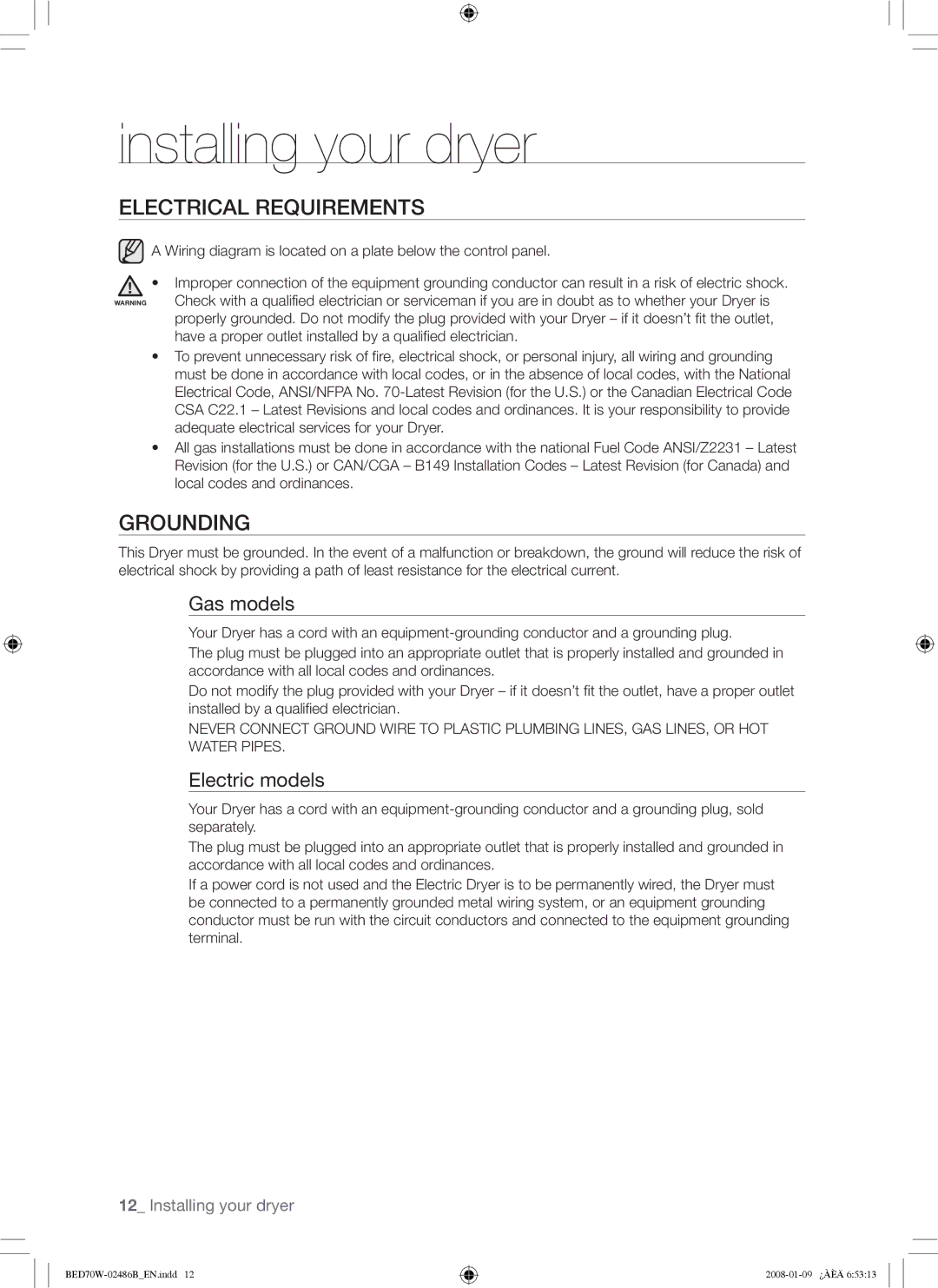 Samsung BED70W user manual Electrical Requirements, Grounding, Gas models, Electric models 