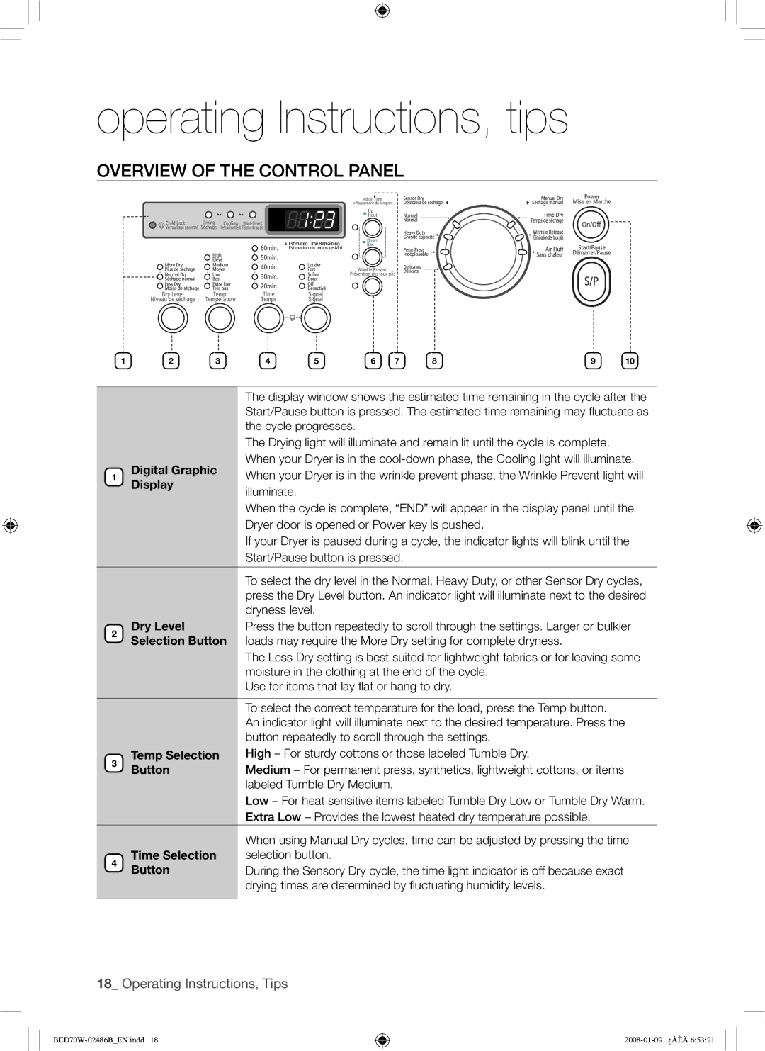 Samsung BED70W user manual Operating Instructions, tips, Overview of the Control Panel 