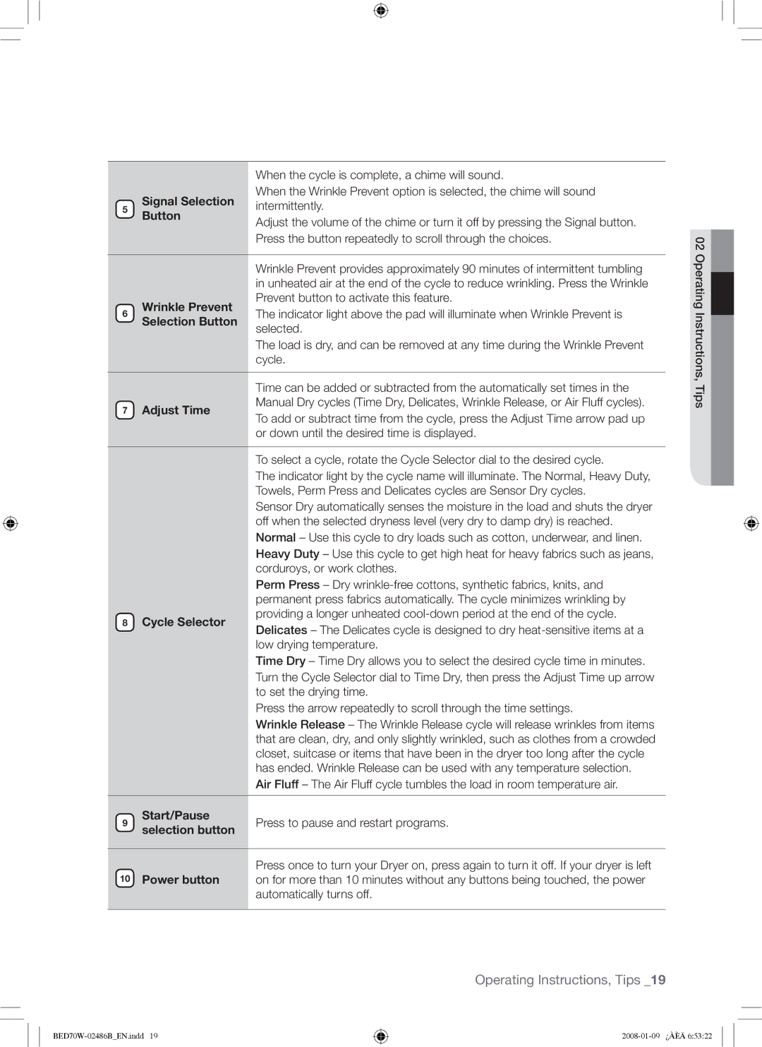 Samsung BED70W user manual Wrinkle Prevent, Adjust Time, Cycle Selector, Start/Pause 