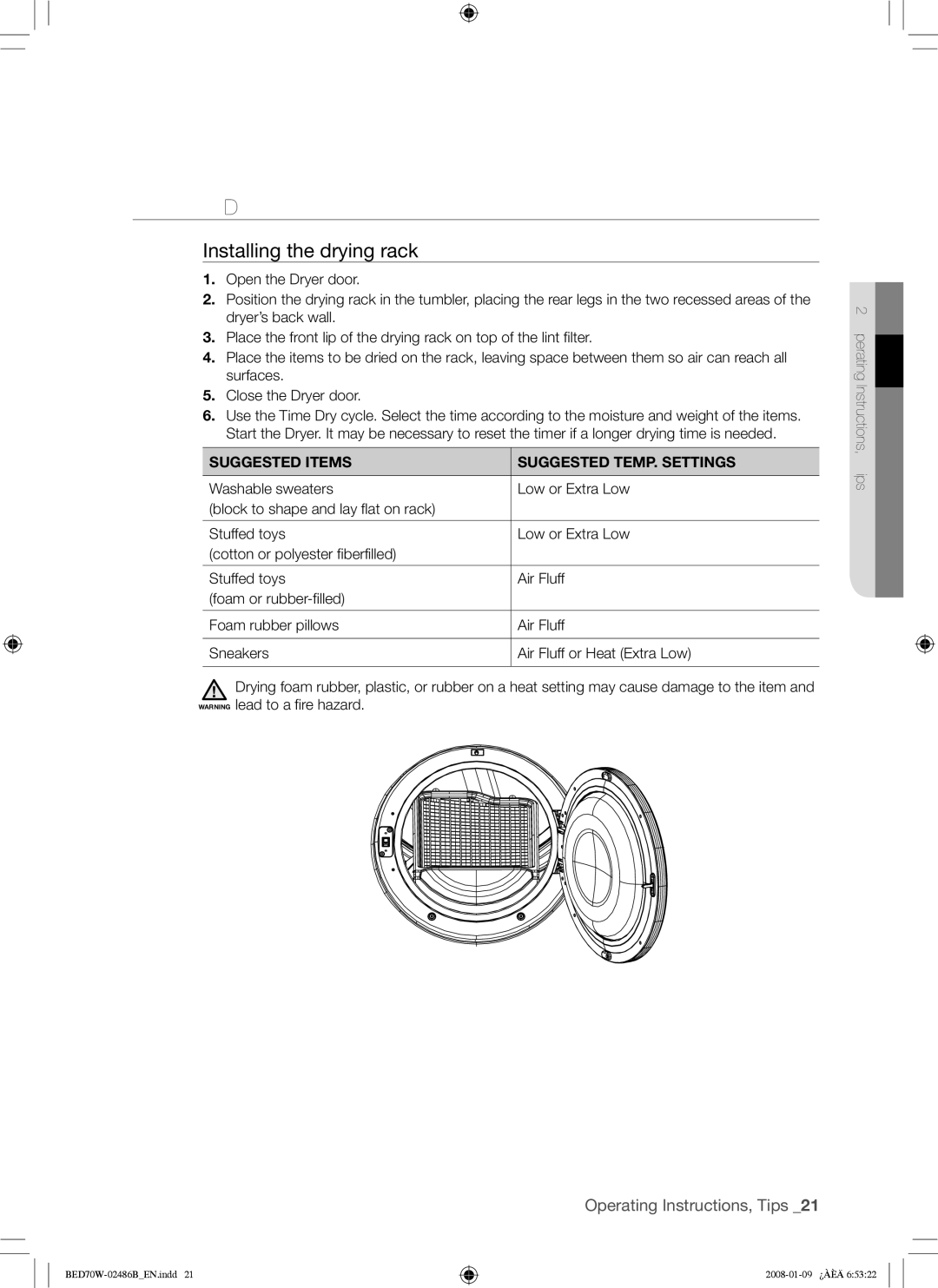 Samsung BED70W user manual Rack DRY, Installing the drying rack, Suggested Items Suggested TEMP. Settings 