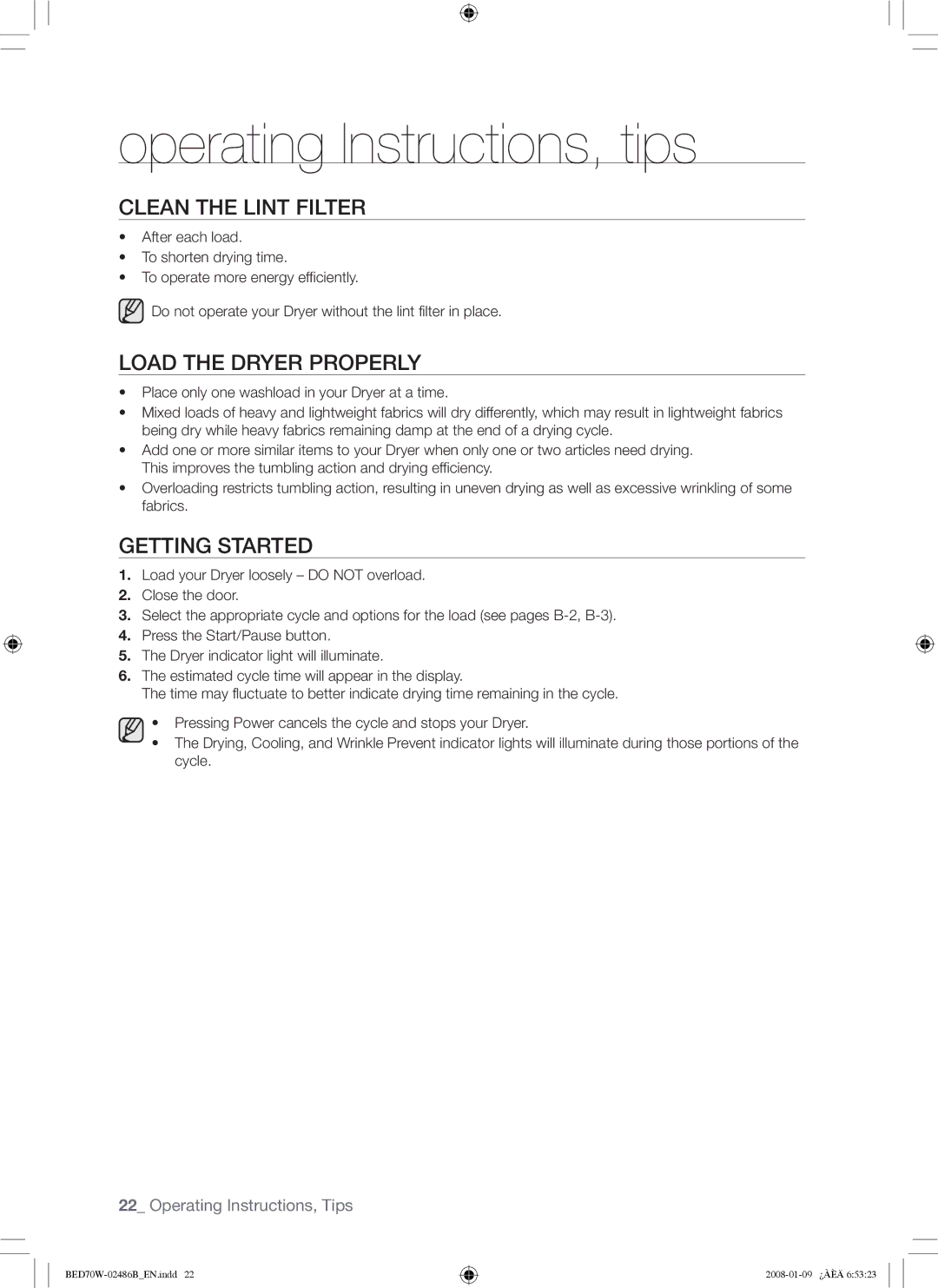 Samsung BED70W user manual Clean the Lint Filter, Load the Dryer Properly, Getting Started 