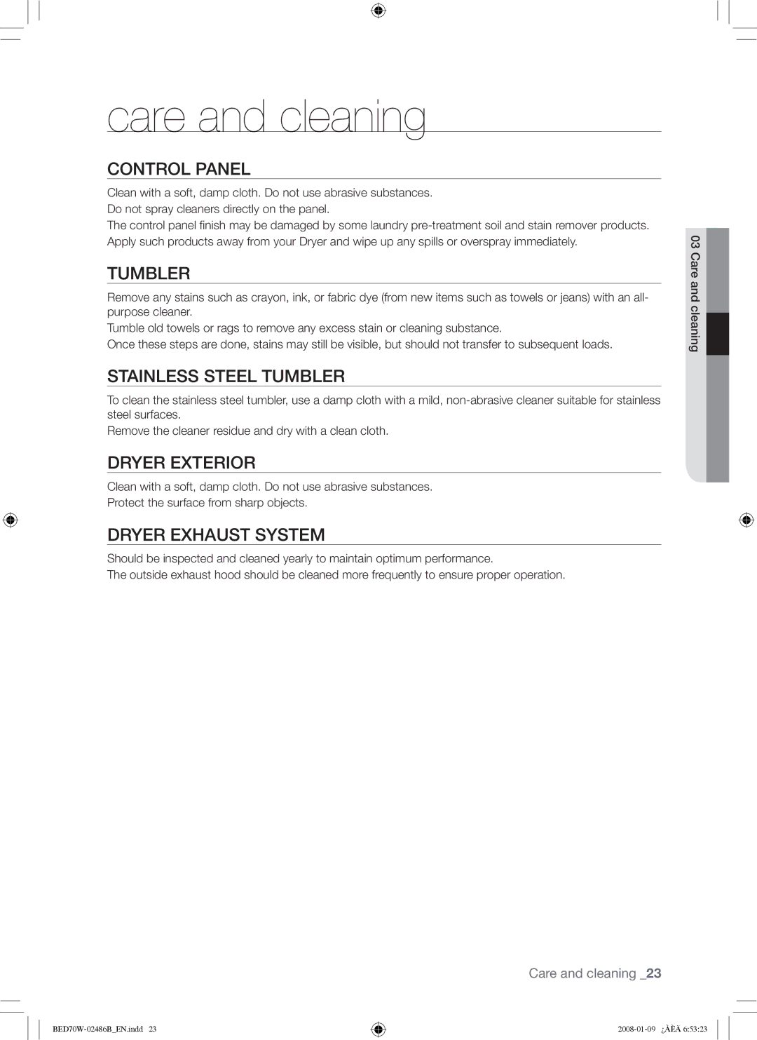 Samsung BED70W user manual Care and cleaning 