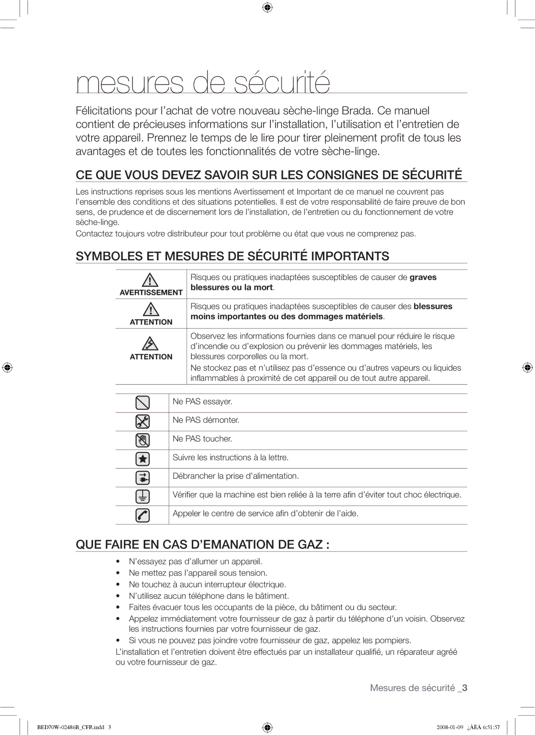 Samsung BED70W user manual Mesures de sécurité, CE QUE Vous Devez Savoir SUR LES Consignes DE Sécurité 