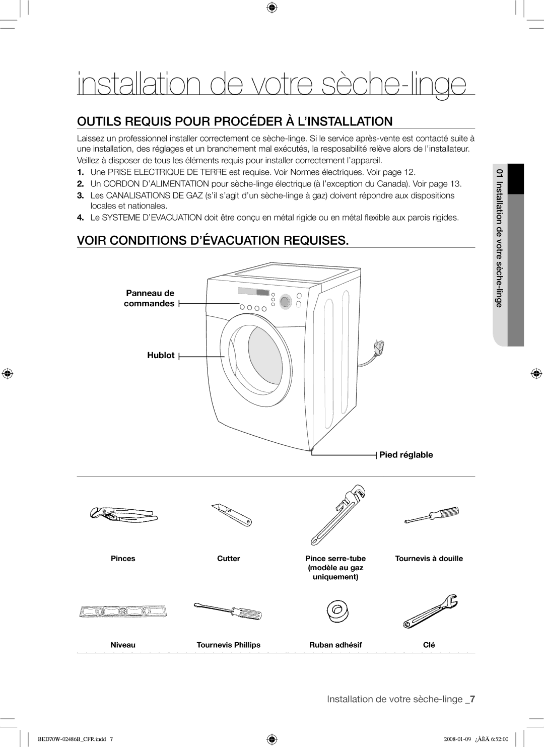 Samsung BED70W user manual Outils Requis Pour Procéder À L’INSTALLATION, Voir Conditions D’ÉVACUATION Requises 